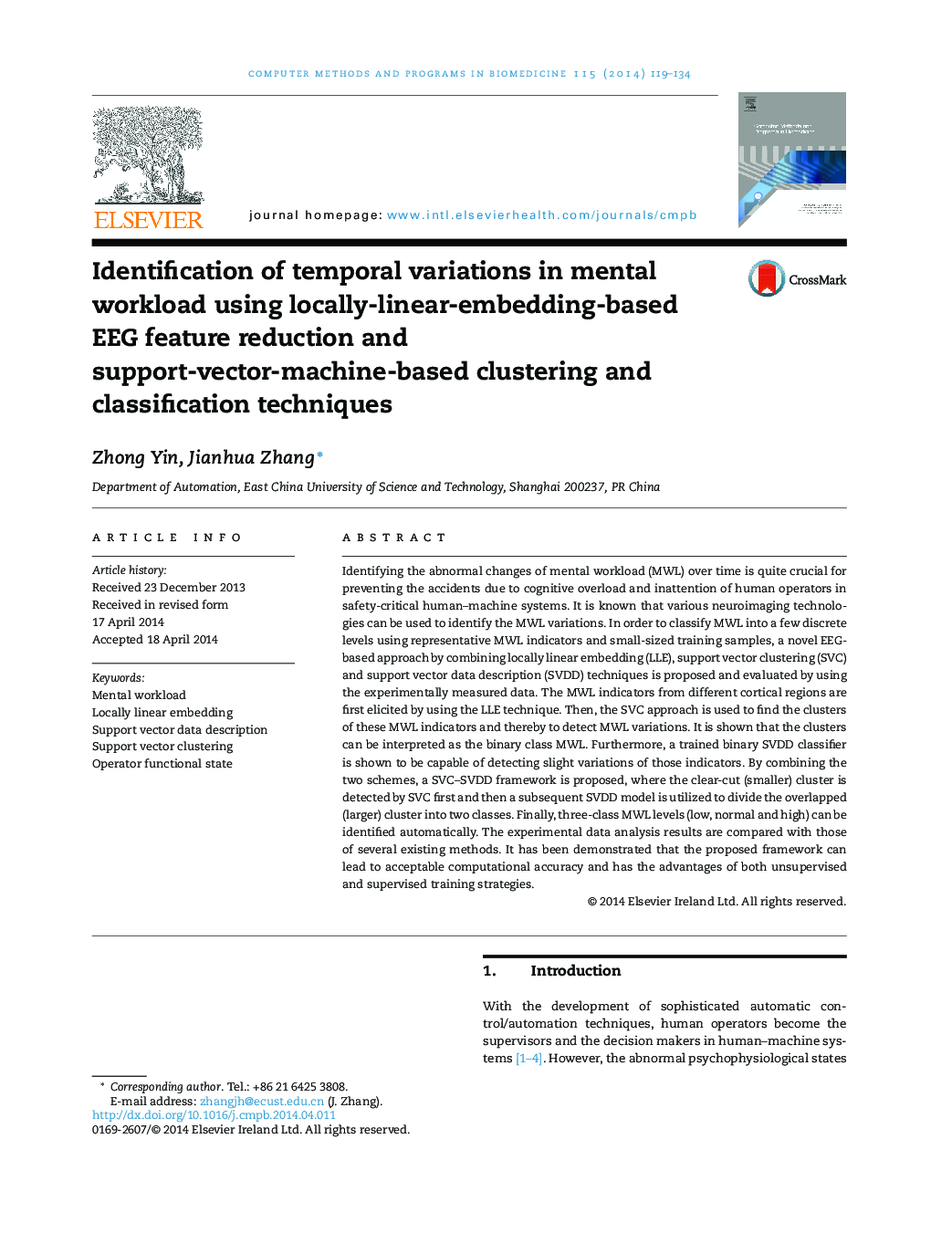 Identification of temporal variations in mental workload using locally-linear-embedding-based EEG feature reduction and support-vector-machine-based clustering and classification techniques