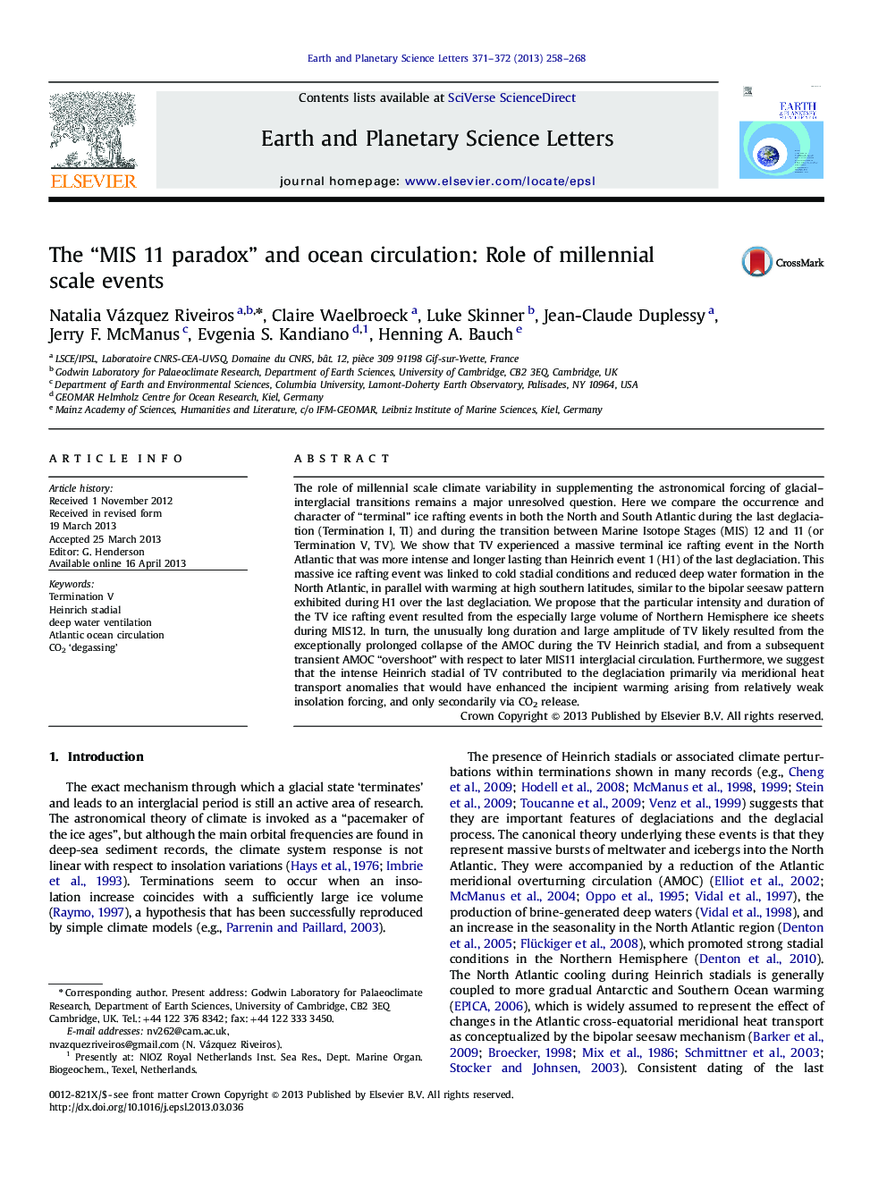 The “MIS 11 paradox” and ocean circulation: Role of millennial scale events