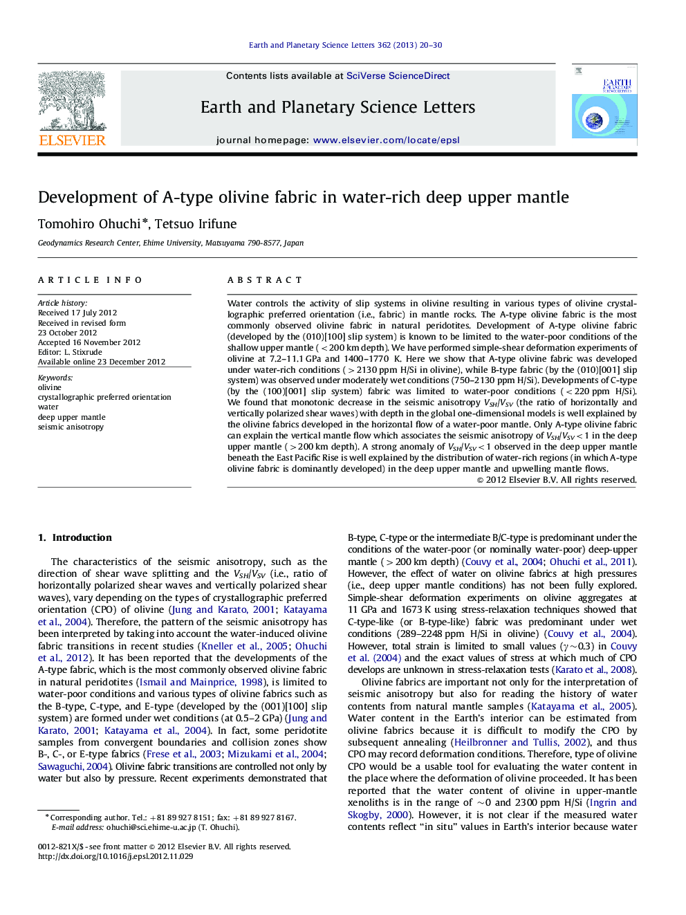 Development of A-type olivine fabric in water-rich deep upper mantle