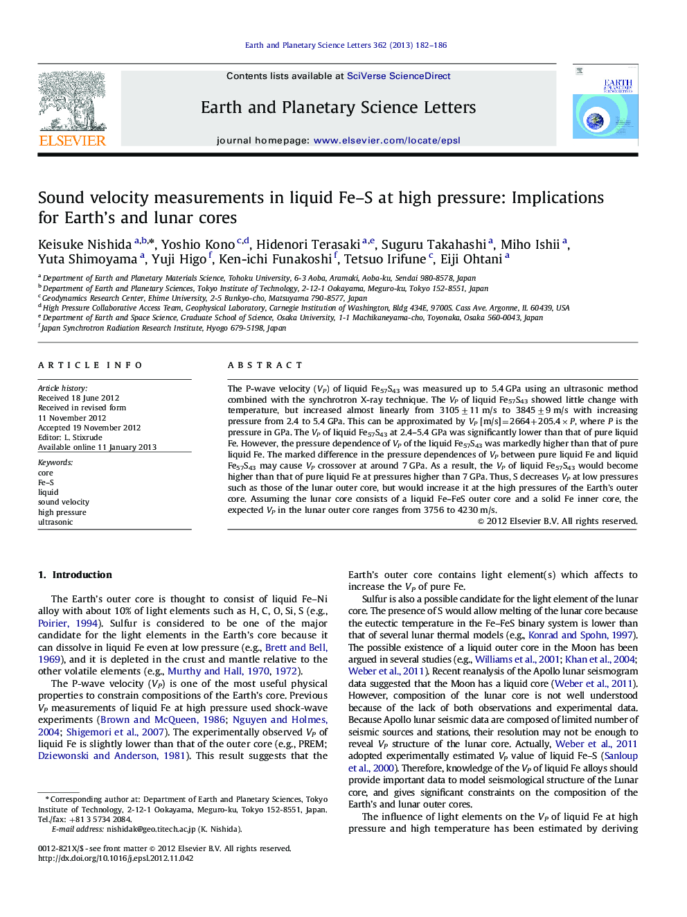 Sound velocity measurements in liquid Fe–S at high pressure: Implications for Earth's and lunar cores