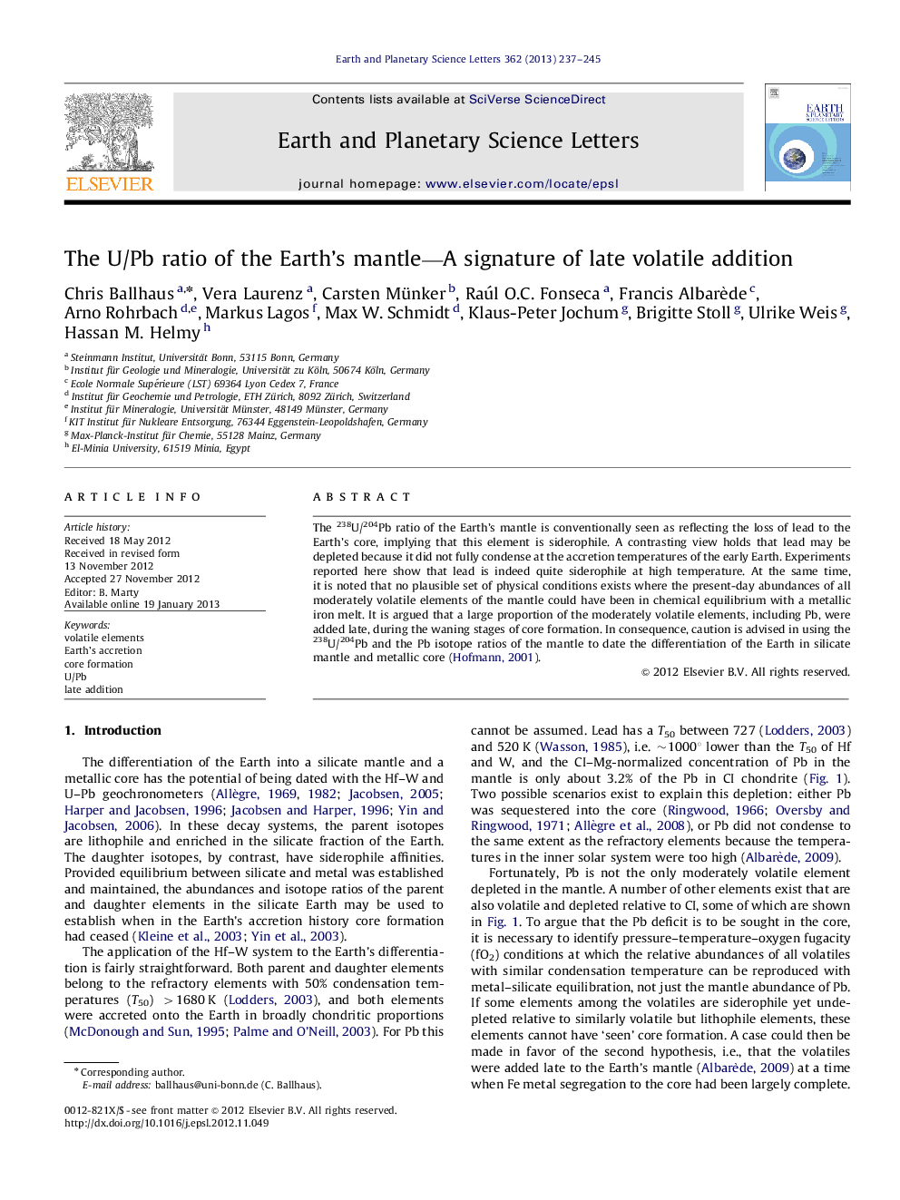 The U/Pb ratio of the Earth's mantle—A signature of late volatile addition