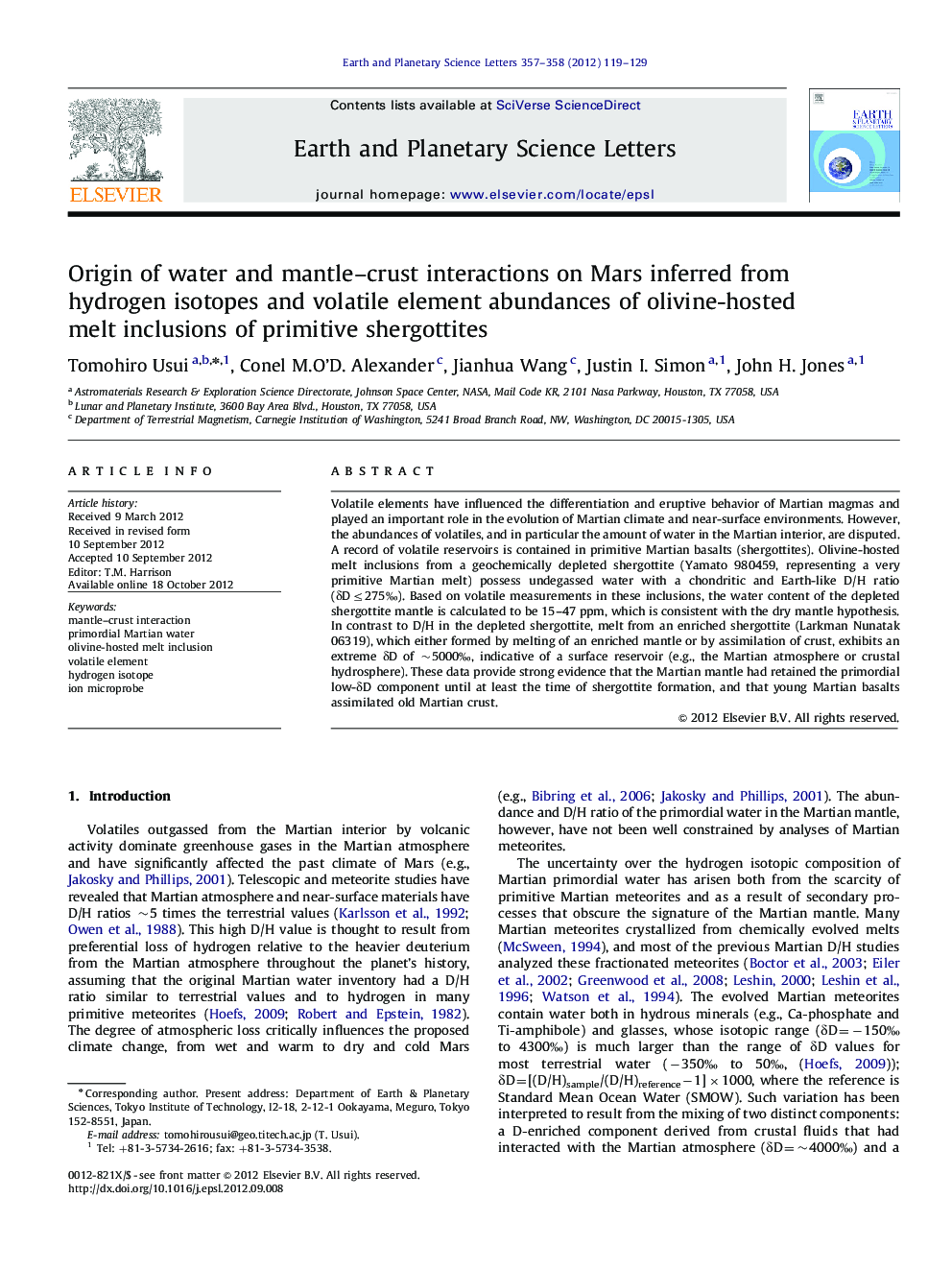 Origin of water and mantle–crust interactions on Mars inferred from hydrogen isotopes and volatile element abundances of olivine-hosted melt inclusions of primitive shergottites
