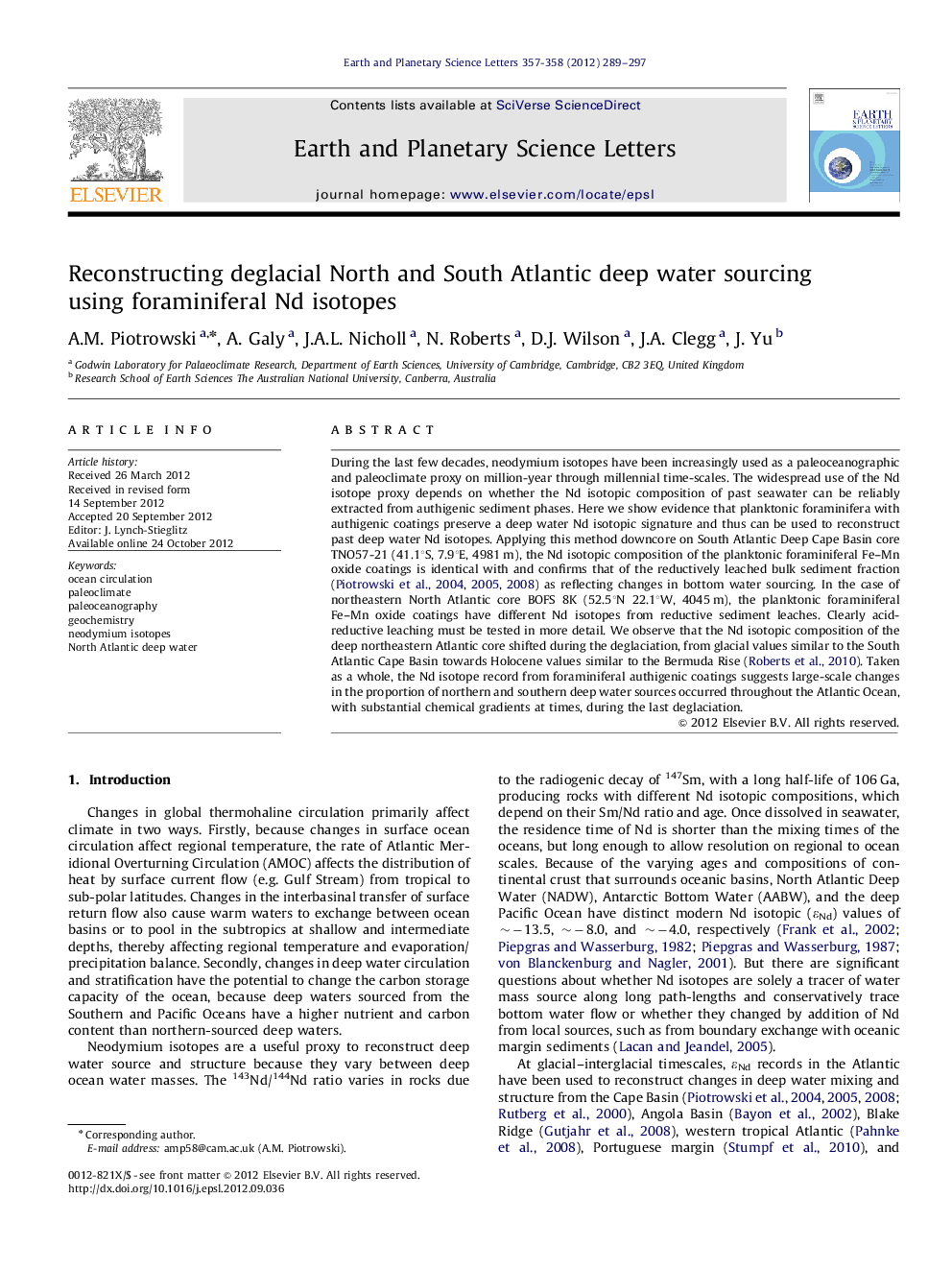 Reconstructing deglacial North and South Atlantic deep water sourcing using foraminiferal Nd isotopes