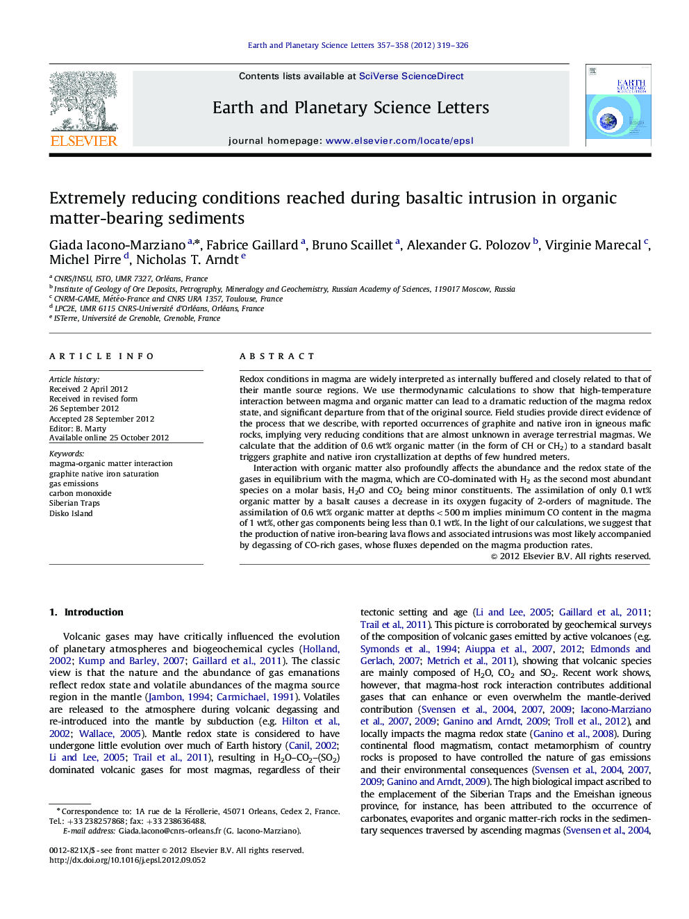 Extremely reducing conditions reached during basaltic intrusion in organic matter-bearing sediments