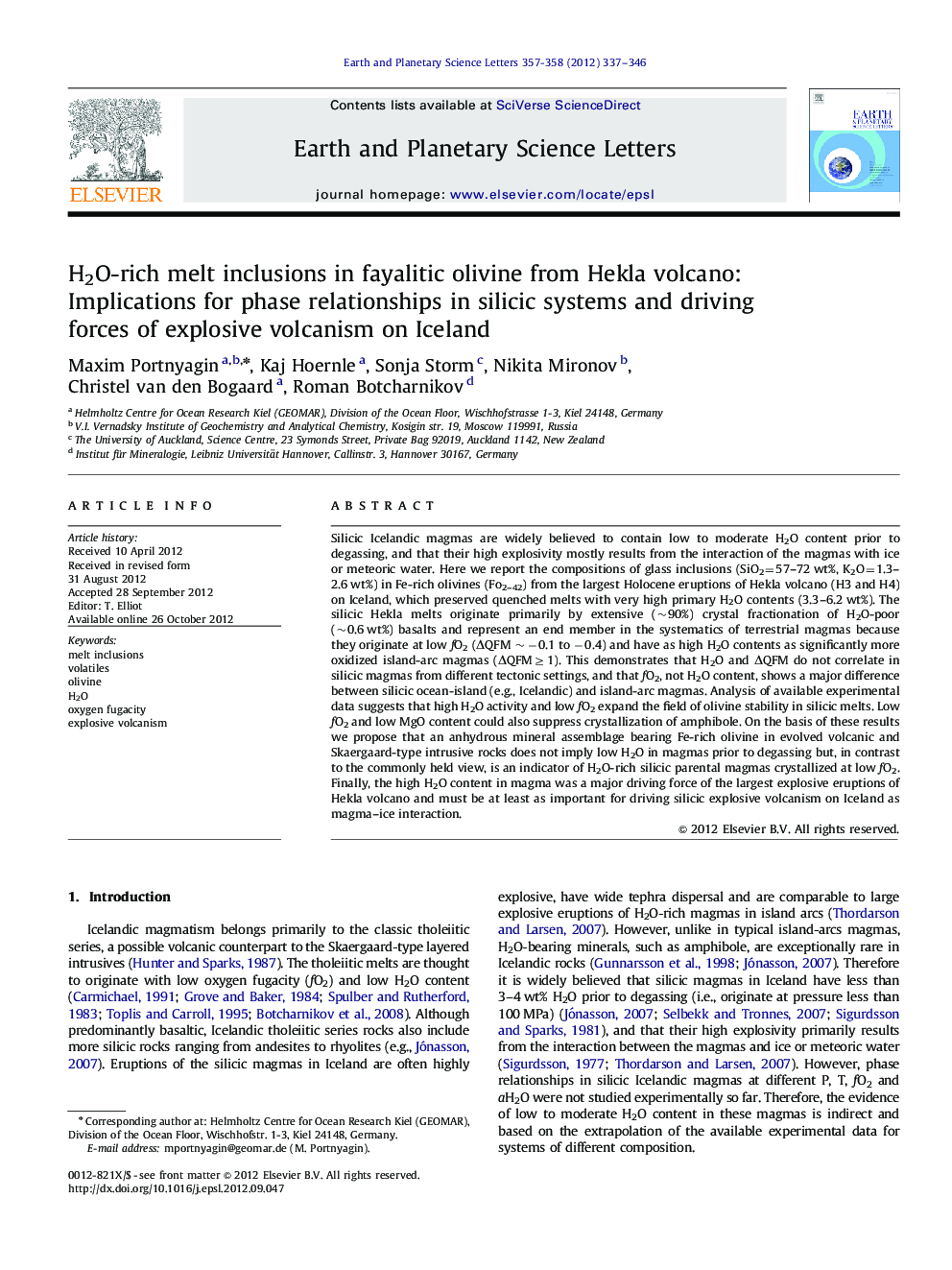 H2O-rich melt inclusions in fayalitic olivine from Hekla volcano: Implications for phase relationships in silicic systems and driving forces of explosive volcanism on Iceland