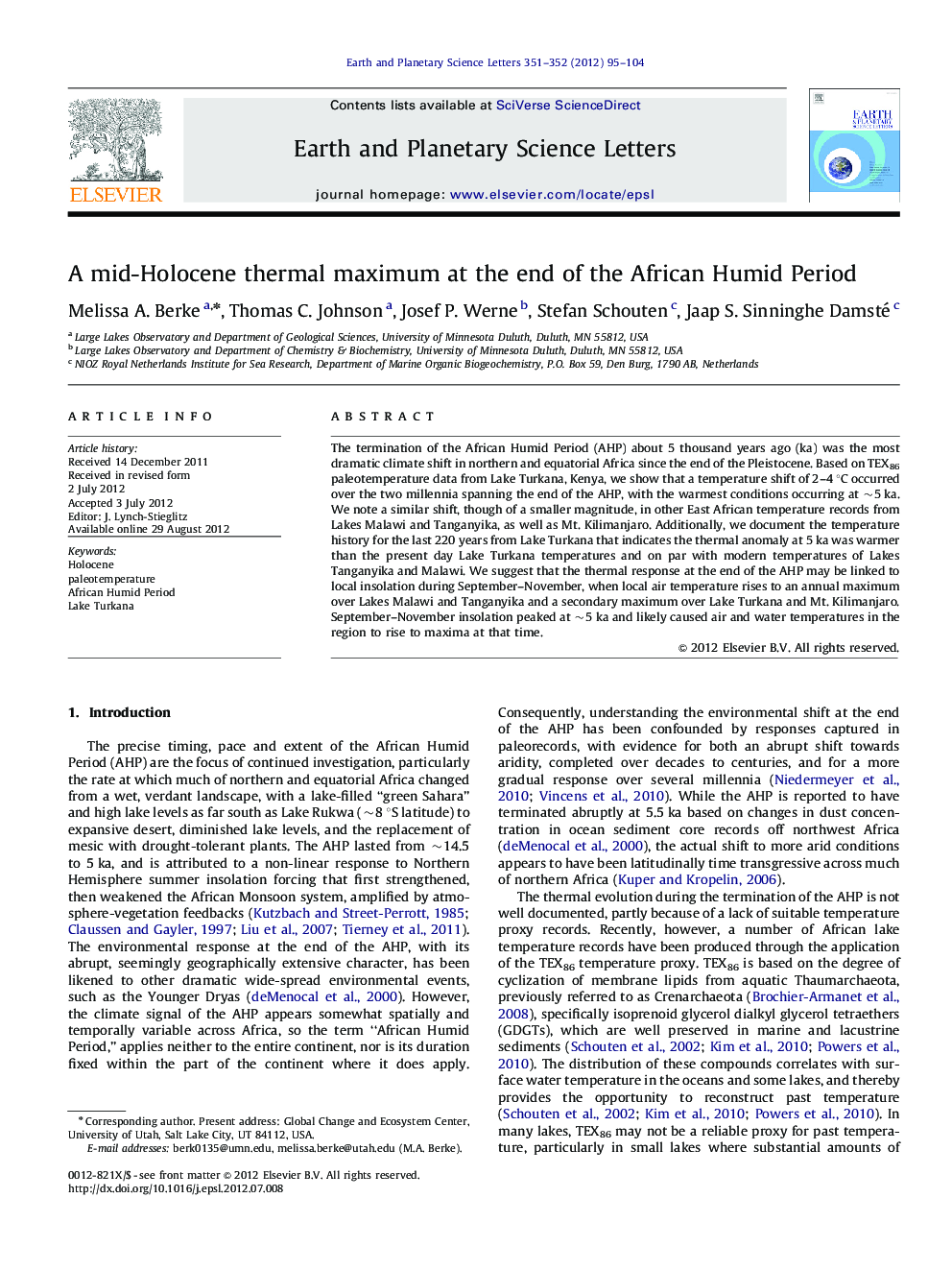 A mid-Holocene thermal maximum at the end of the African Humid Period