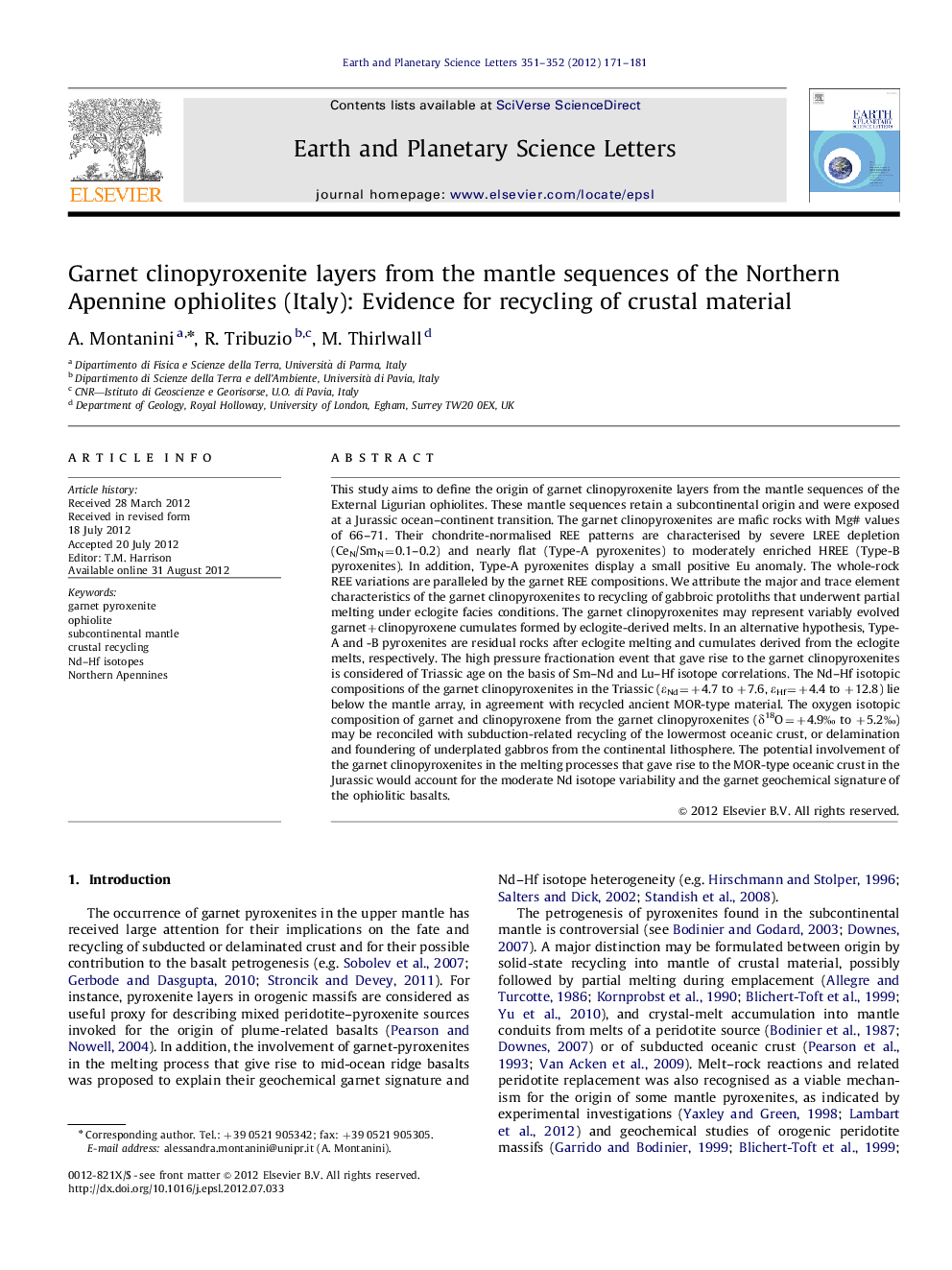 Garnet clinopyroxenite layers from the mantle sequences of the Northern Apennine ophiolites (Italy): Evidence for recycling of crustal material