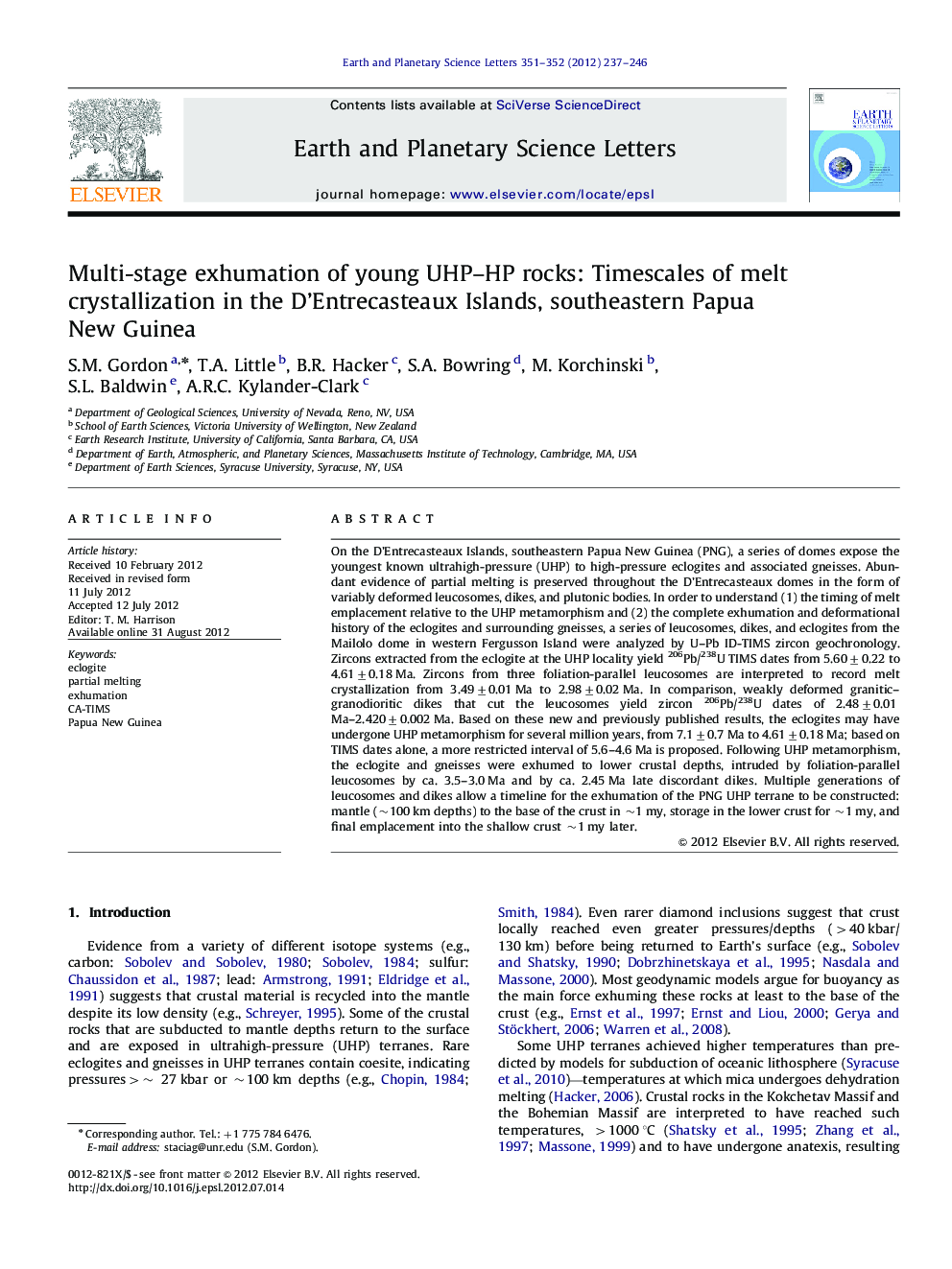 Multi-stage exhumation of young UHP–HP rocks: Timescales of melt crystallization in the D’Entrecasteaux Islands, southeastern Papua New Guinea