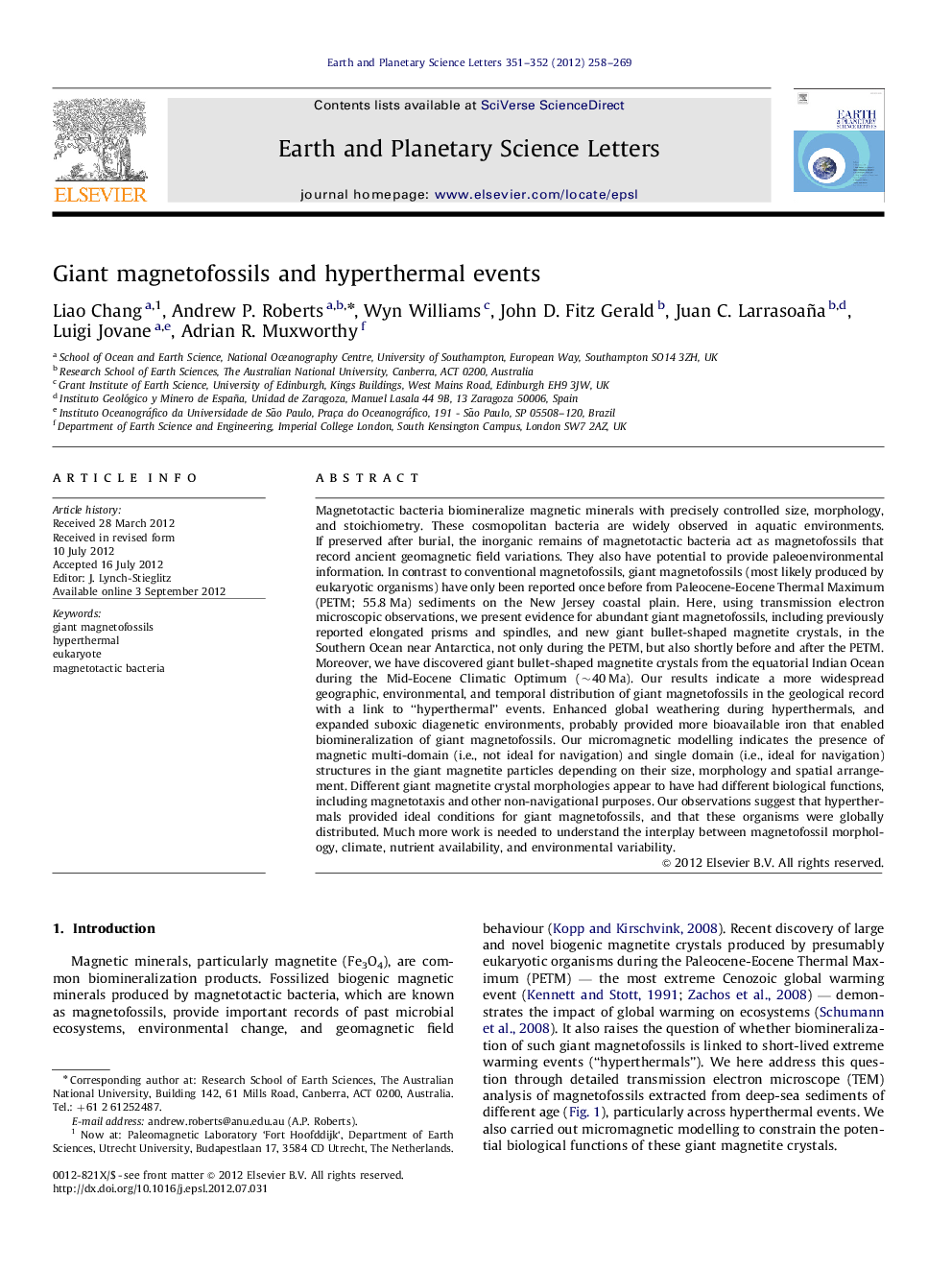 Giant magnetofossils and hyperthermal events