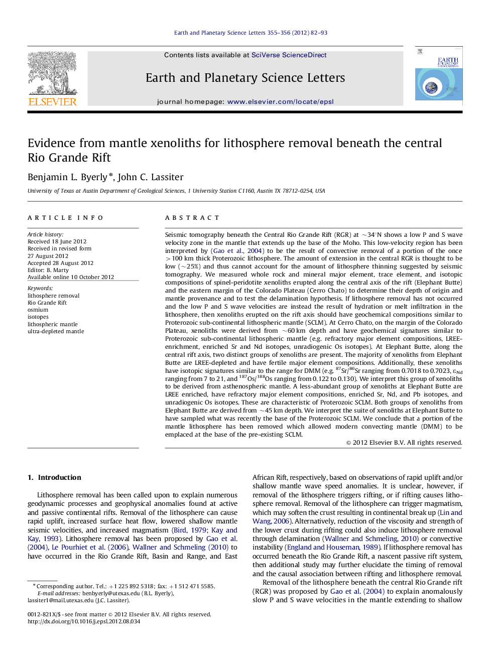 Evidence from mantle xenoliths for lithosphere removal beneath the central Rio Grande Rift