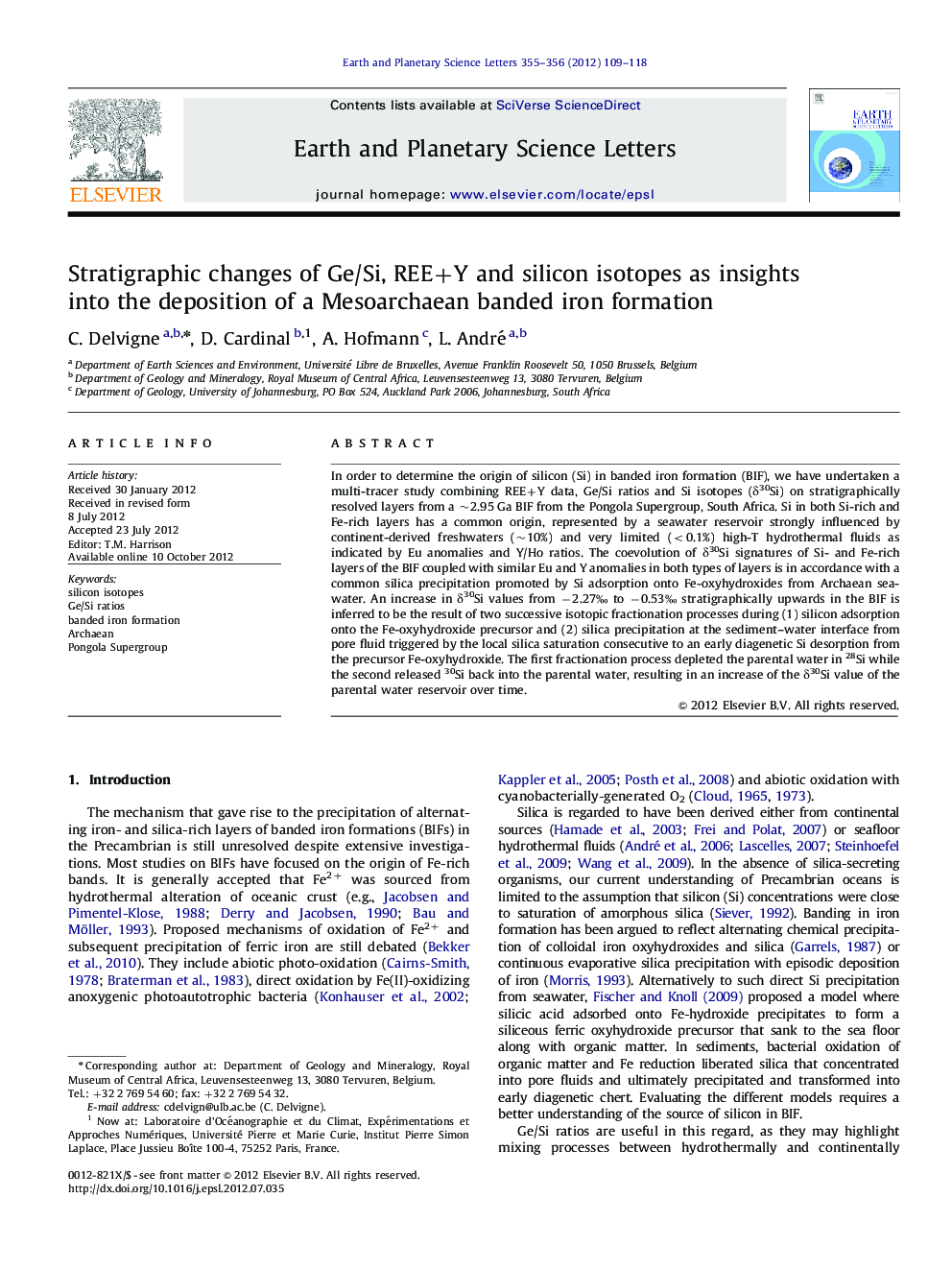 Stratigraphic changes of Ge/Si, REE+Y and silicon isotopes as insights into the deposition of a Mesoarchaean banded iron formation