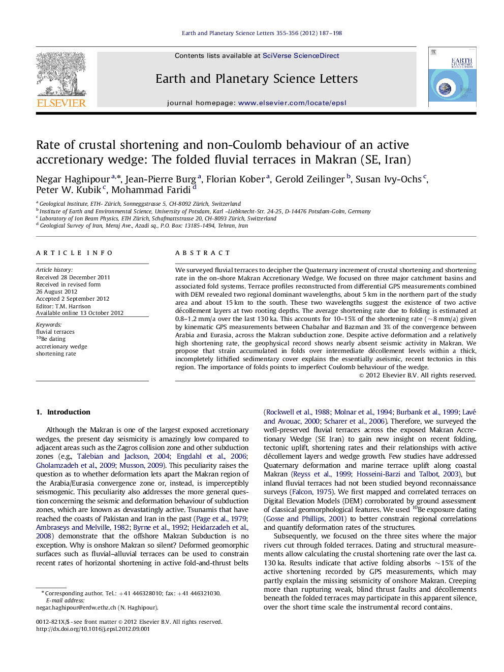 Rate of crustal shortening and non-Coulomb behaviour of an active accretionary wedge: The folded fluvial terraces in Makran (SE, Iran)