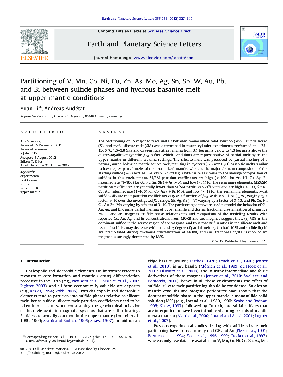 Partitioning of V, Mn, Co, Ni, Cu, Zn, As, Mo, Ag, Sn, Sb, W, Au, Pb, and Bi between sulfide phases and hydrous basanite melt at upper mantle conditions