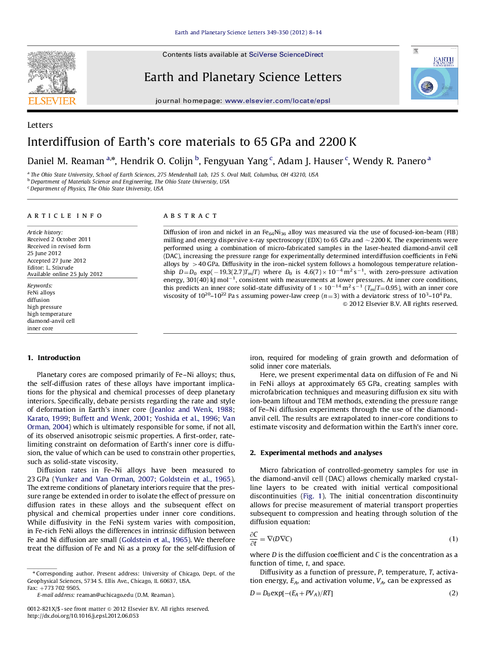 عکس صفحه اول مقاله: Interdiffusion of Earth's core materials to 65Â GPa and 2200Â K Interdiffusion of Earth's core materials to 65Â GPa and 2200Â K