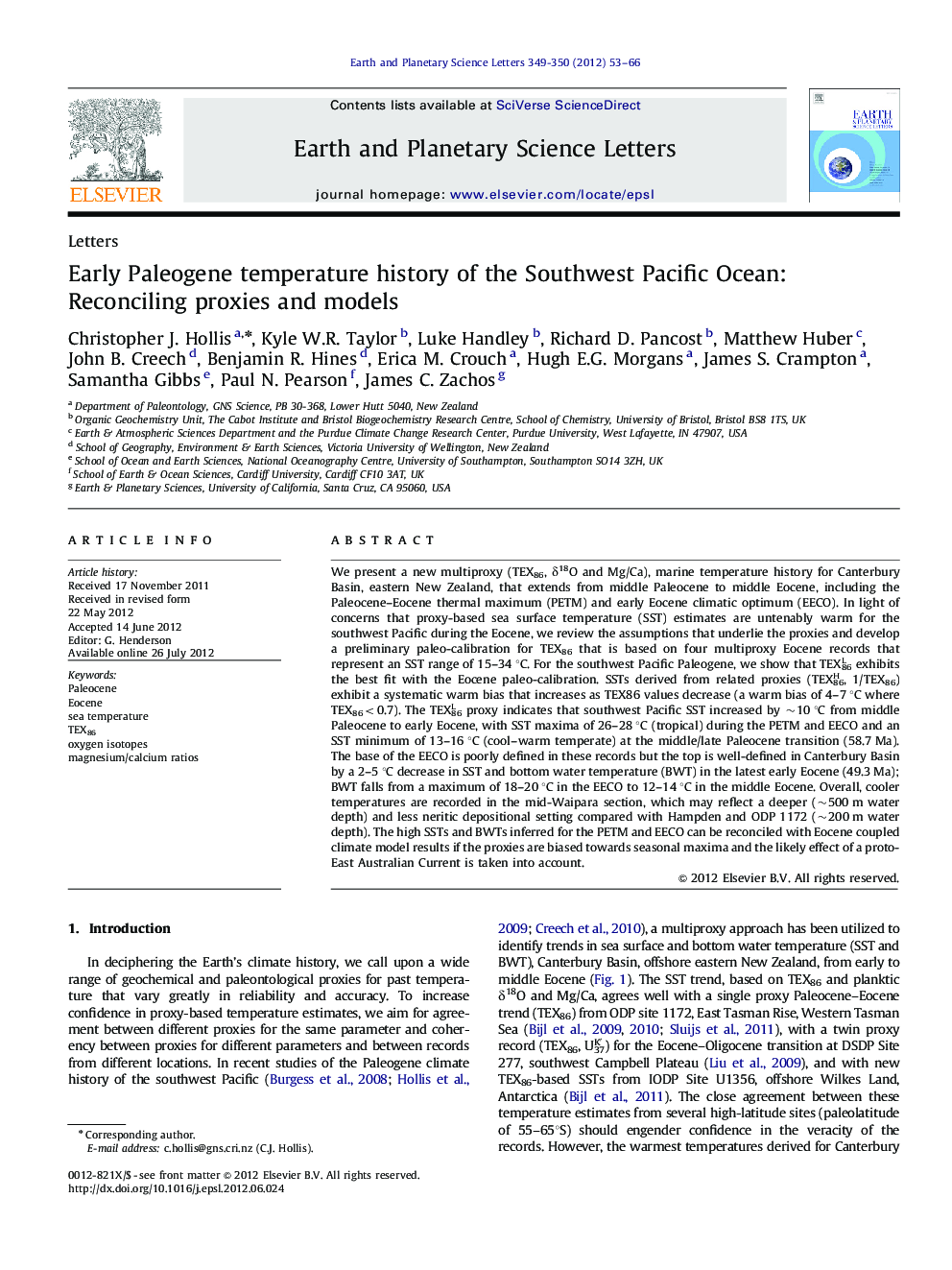 Early Paleogene temperature history of the Southwest Pacific Ocean: Reconciling proxies and models