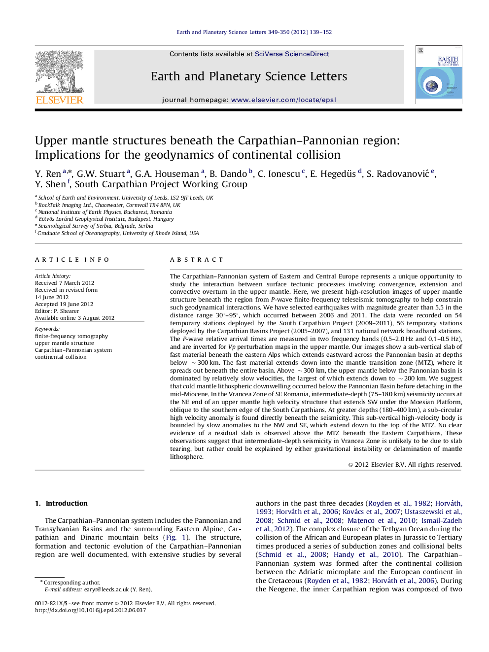 Upper mantle structures beneath the Carpathian–Pannonian region: Implications for the geodynamics of continental collision