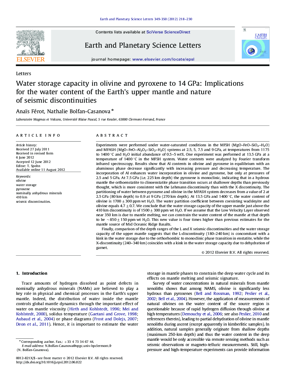 Water storage capacity in olivine and pyroxene to 14 GPa: Implications for the water content of the Earth's upper mantle and nature of seismic discontinuities