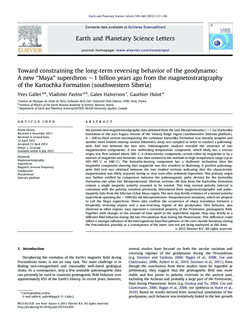 Toward constraining the long-term reversing behavior of the geodynamo: A new “Maya” superchron ∼1 billion years ago from the magnetostratigraphy of the Kartochka Formation (southwestern Siberia)