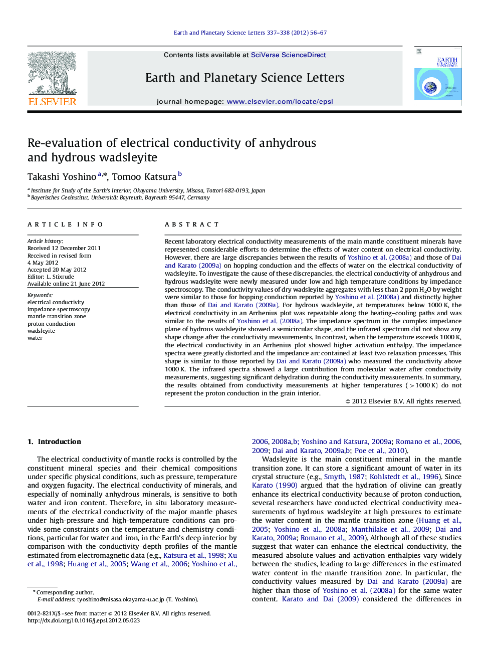 Re-evaluation of electrical conductivity of anhydrous and hydrous wadsleyite