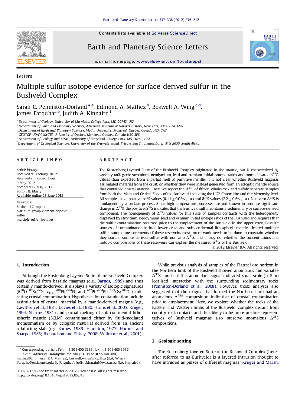 Multiple sulfur isotope evidence for surface-derived sulfur in the Bushveld Complex