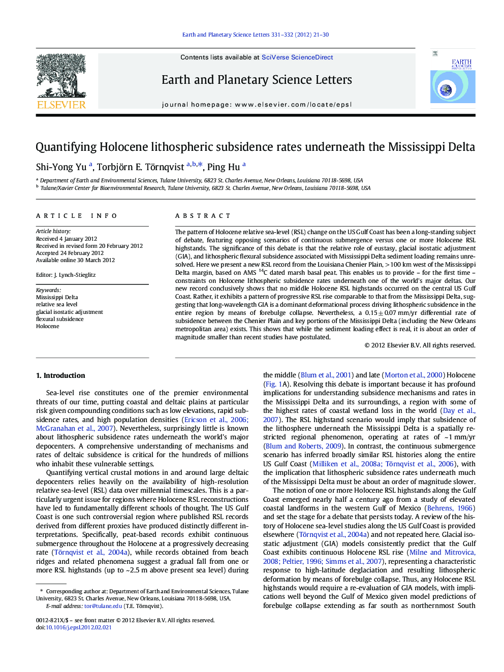 Quantifying Holocene lithospheric subsidence rates underneath the Mississippi Delta