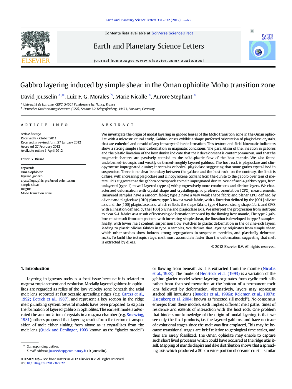 Gabbro layering induced by simple shear in the Oman ophiolite Moho transition zone