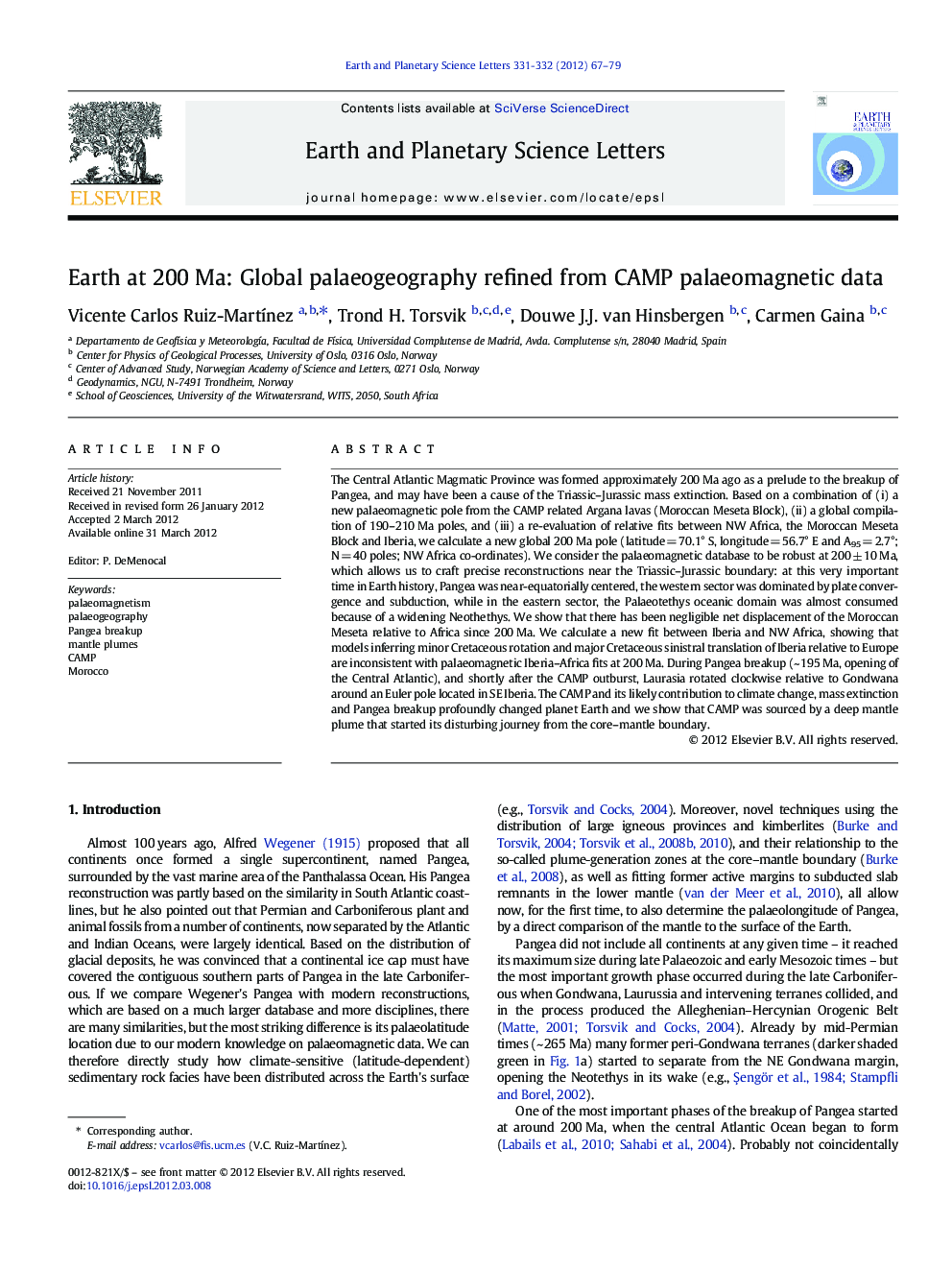 Earth at 200 Ma: Global palaeogeography refined from CAMP palaeomagnetic data