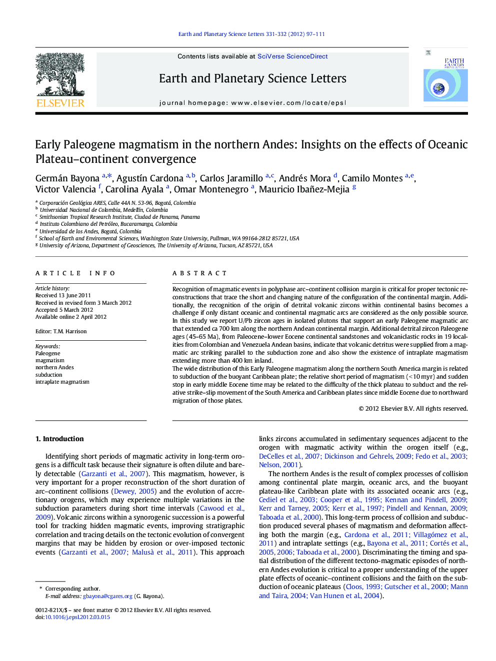 Early Paleogene magmatism in the northern Andes: Insights on the effects of Oceanic Plateau–continent convergence