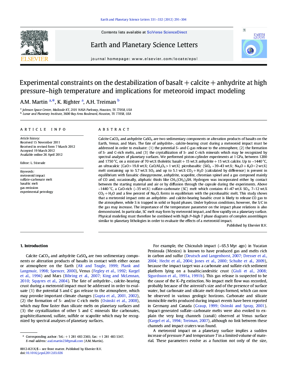 Experimental constraints on the destabilization of basalt + calcite + anhydrite at high pressure–high temperature and implications for meteoroid impact modeling