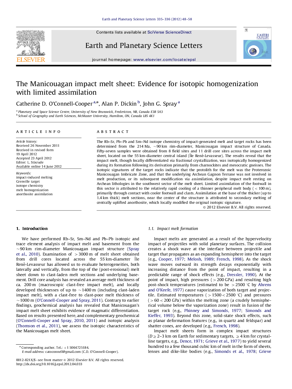 The Manicouagan impact melt sheet: Evidence for isotopic homogenization with limited assimilation