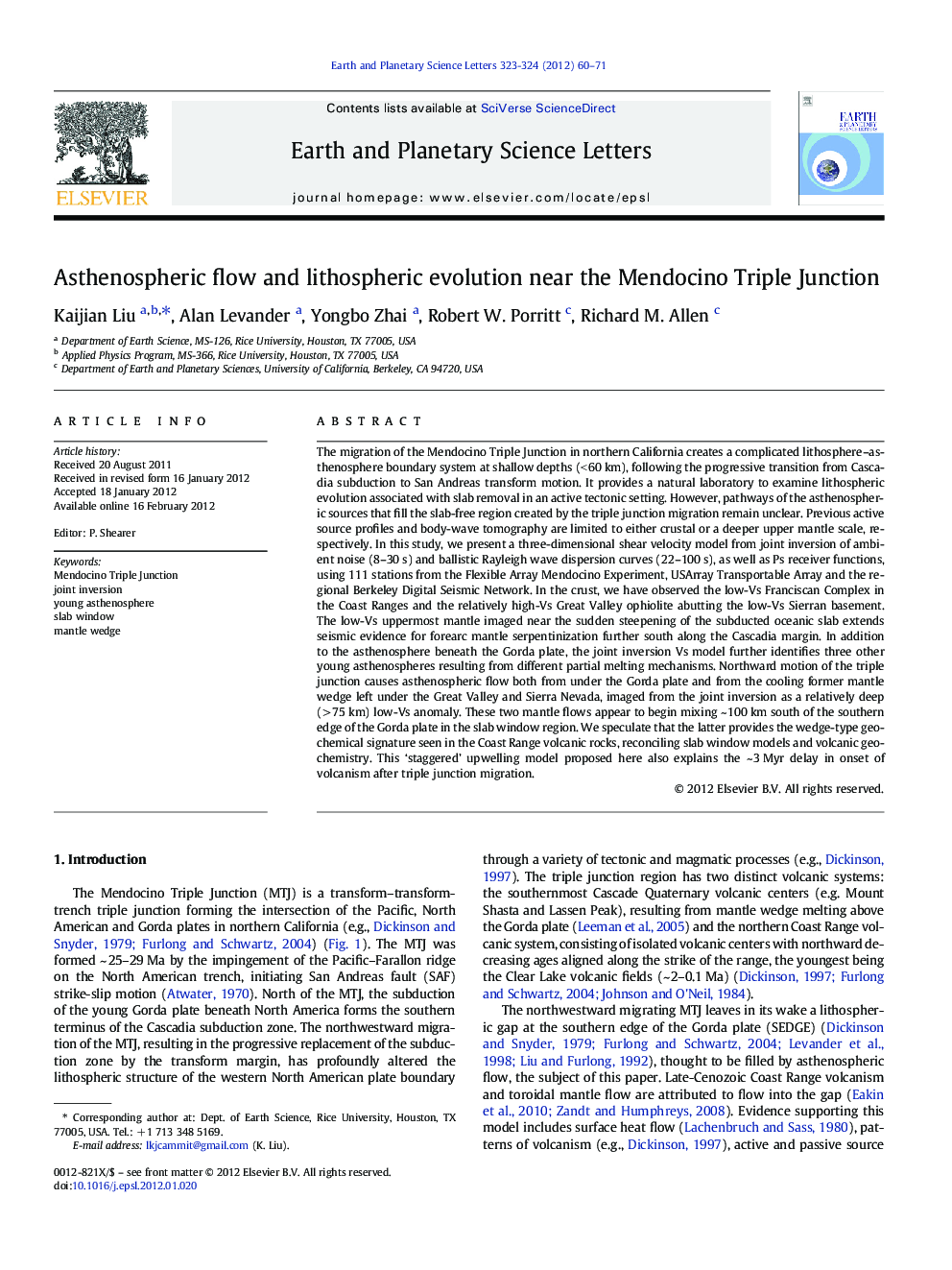 Asthenospheric flow and lithospheric evolution near the Mendocino Triple Junction