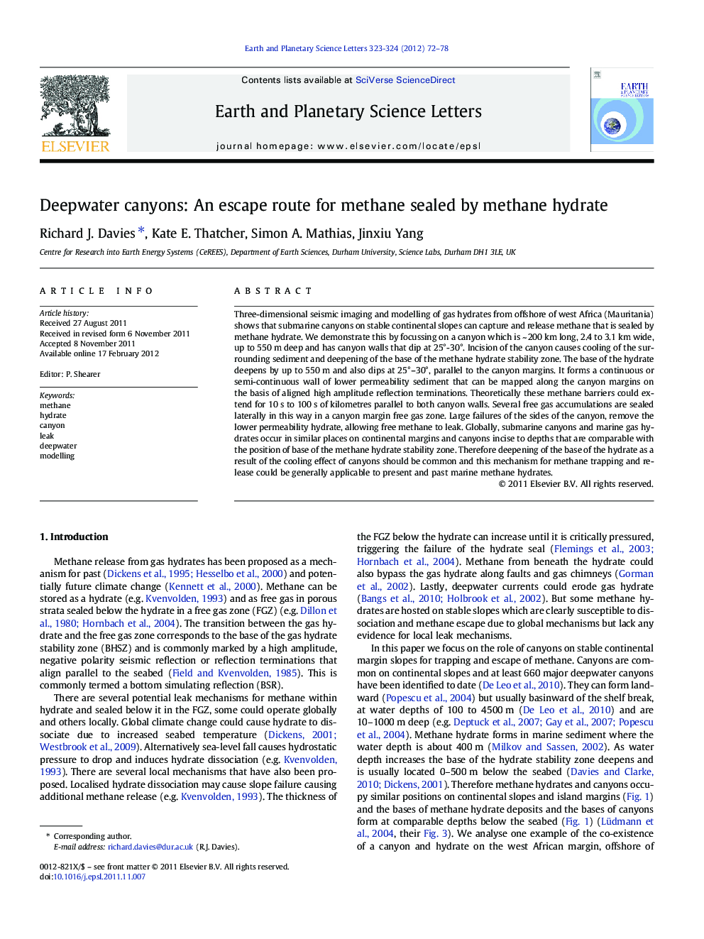 Deepwater canyons: An escape route for methane sealed by methane hydrate