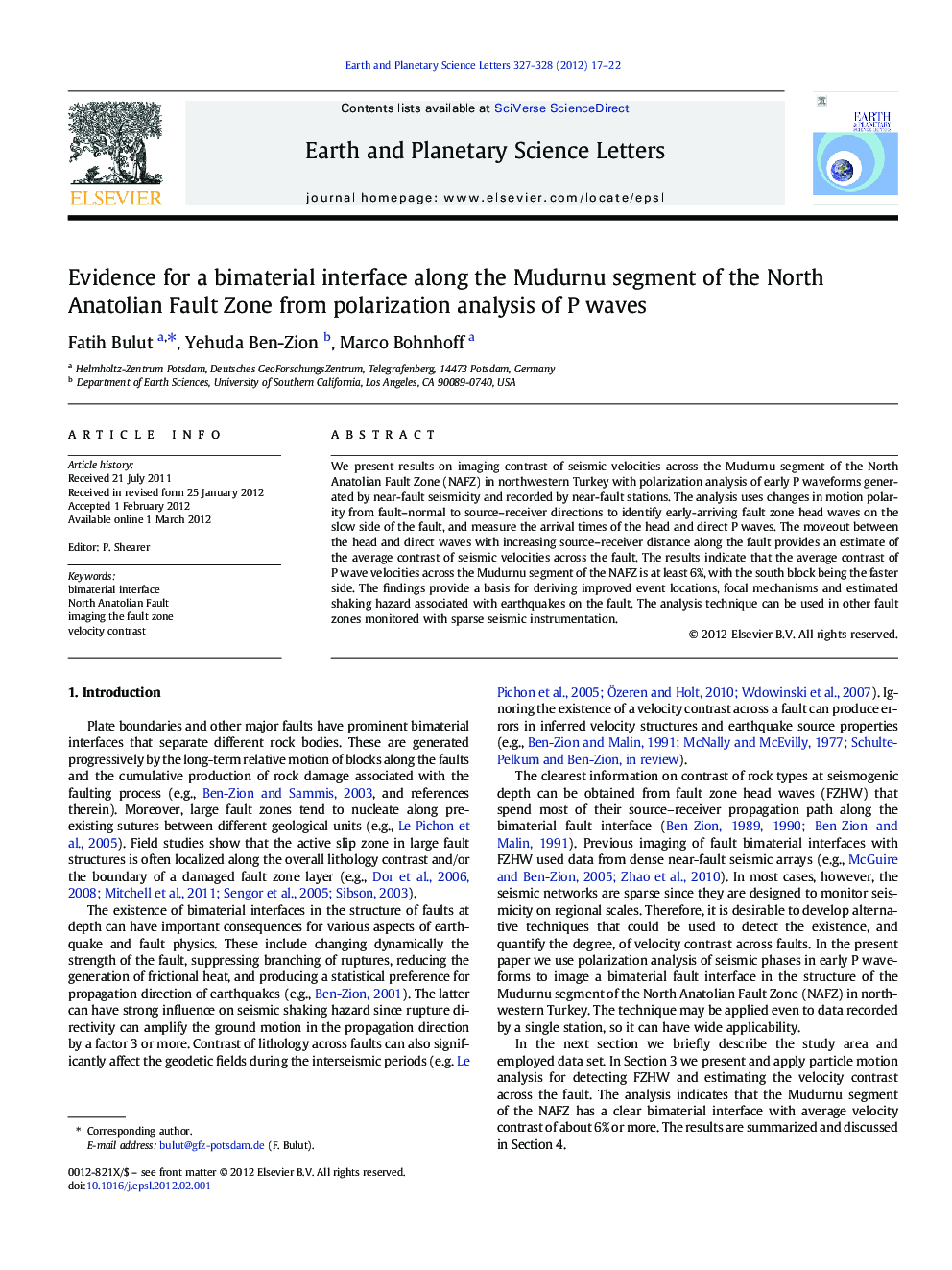 Evidence for a bimaterial interface along the Mudurnu segment of the North Anatolian Fault Zone from polarization analysis of P waves