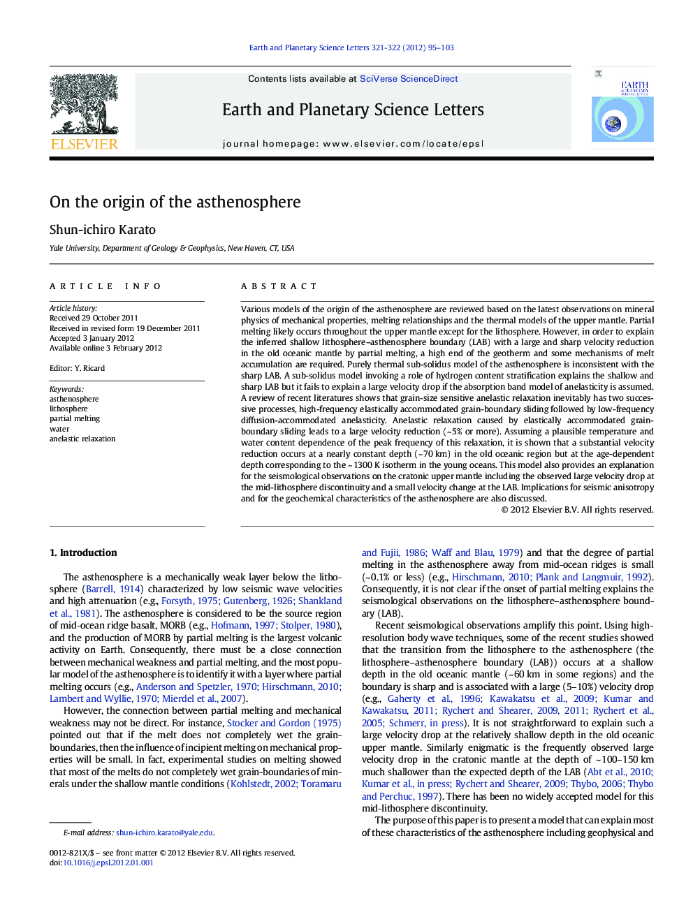 عکس صفحه اول مقاله: On the origin of the asthenosphere On the origin of the asthenosphere