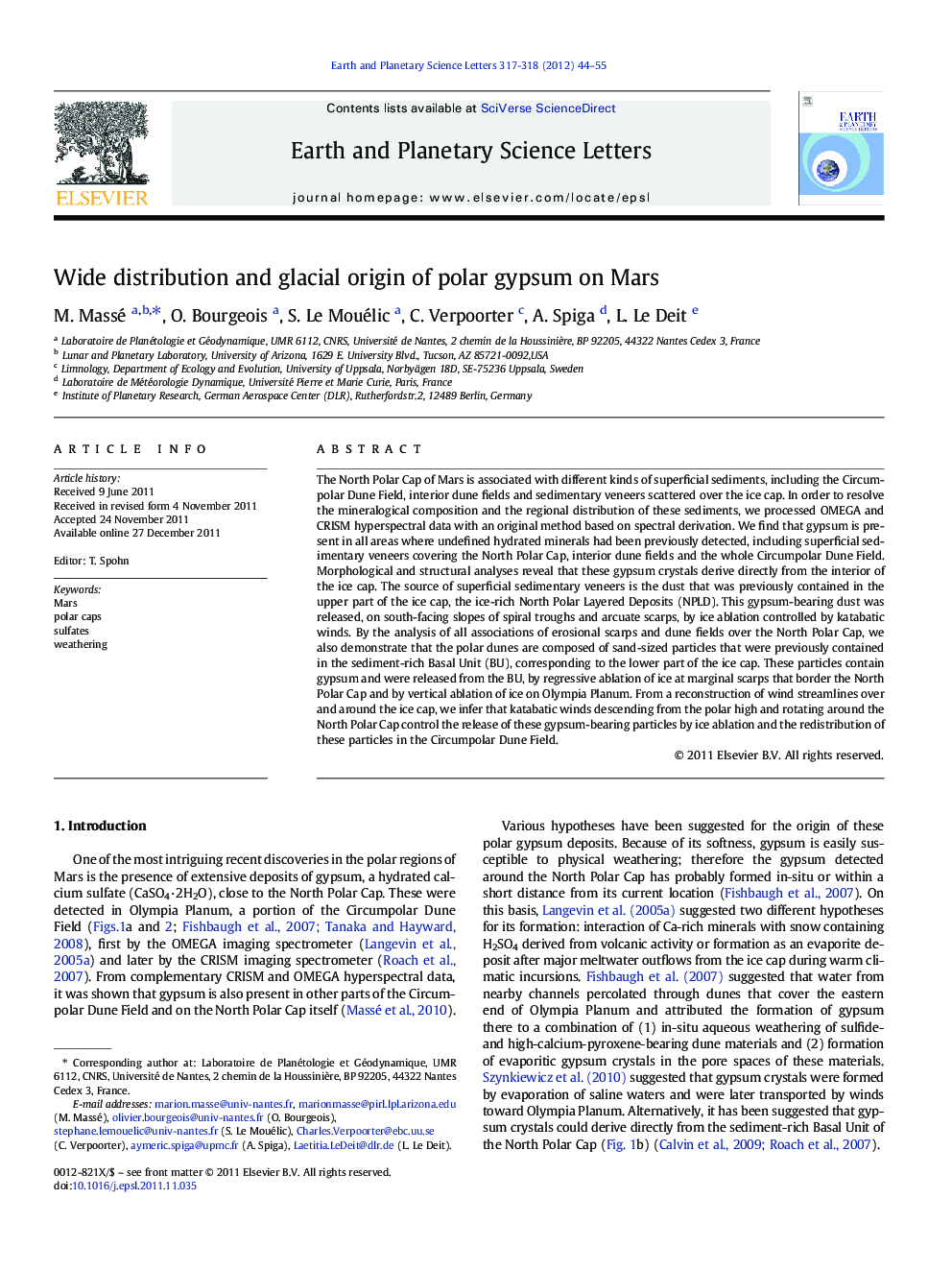 Wide distribution and glacial origin of polar gypsum on Mars