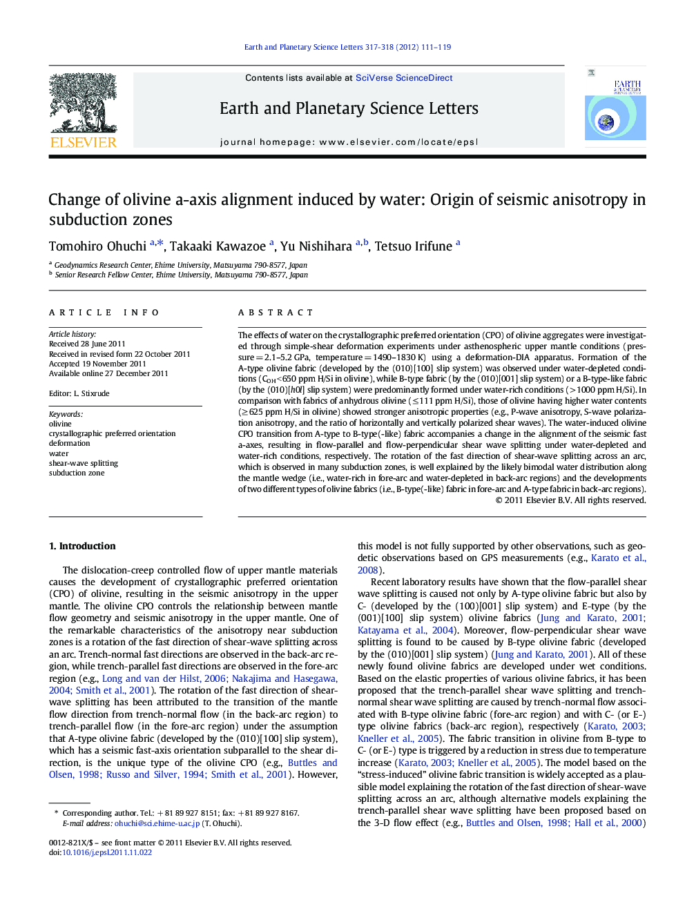 Change of olivine a-axis alignment induced by water: Origin of seismic anisotropy in subduction zones