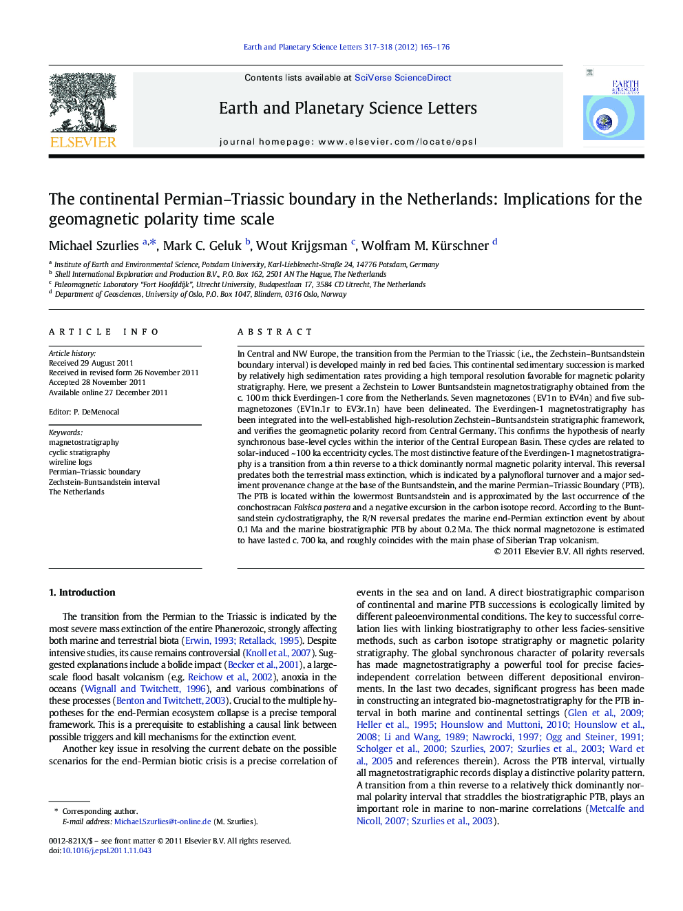 The continental Permian–Triassic boundary in the Netherlands: Implications for the geomagnetic polarity time scale