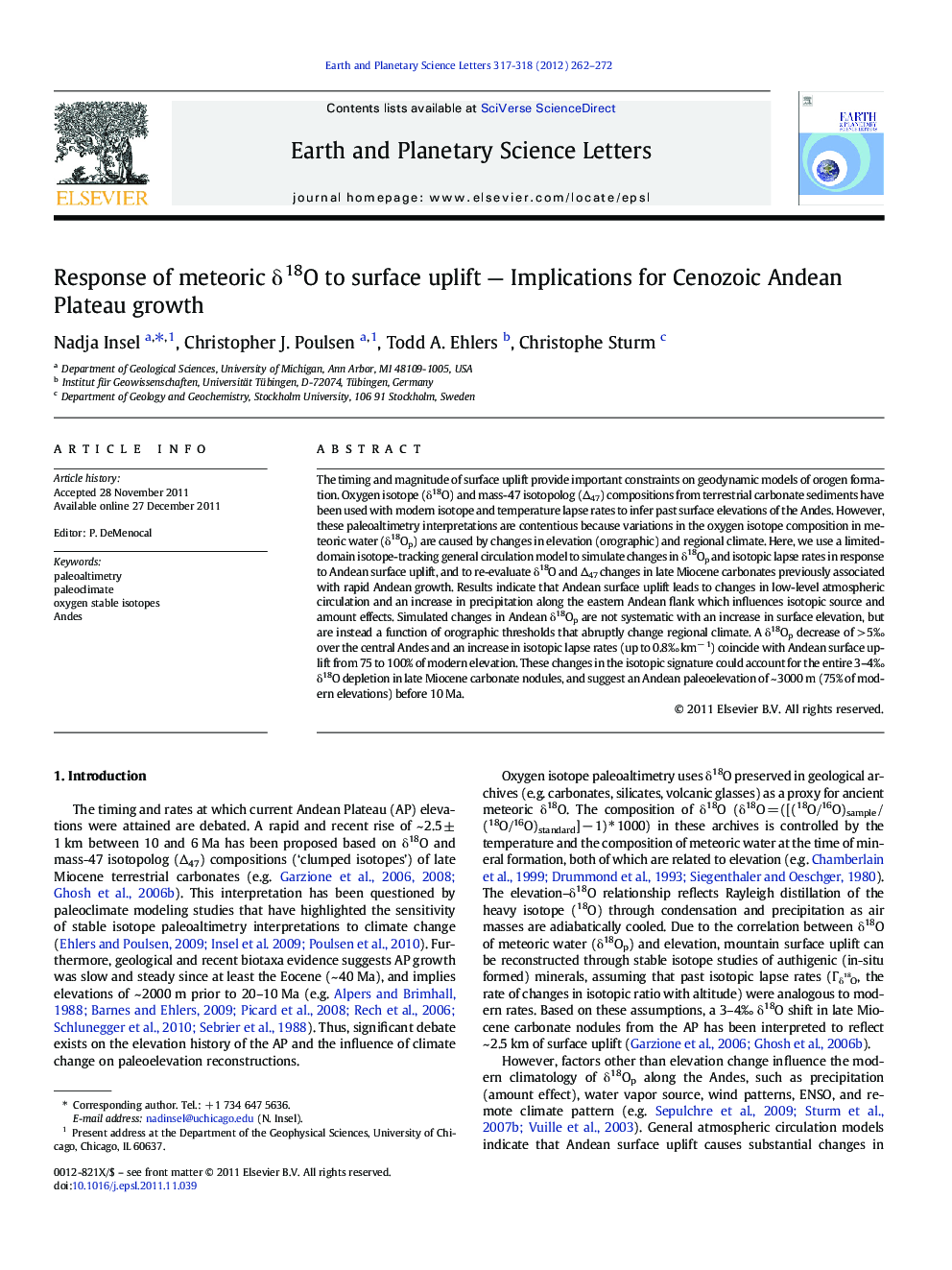 Response of meteoric δ18O to surface uplift — Implications for Cenozoic Andean Plateau growth