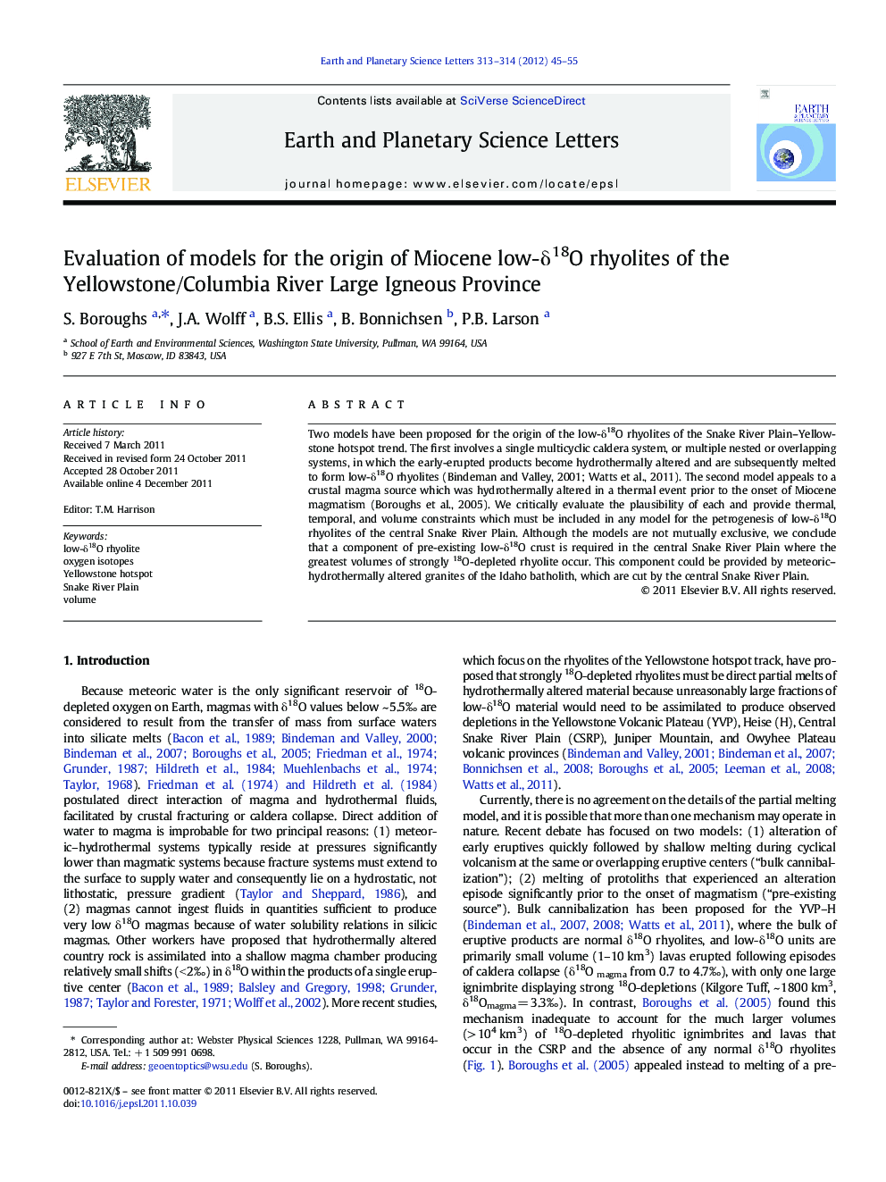 Evaluation of models for the origin of Miocene low-δ18O rhyolites of the Yellowstone/Columbia River Large Igneous Province