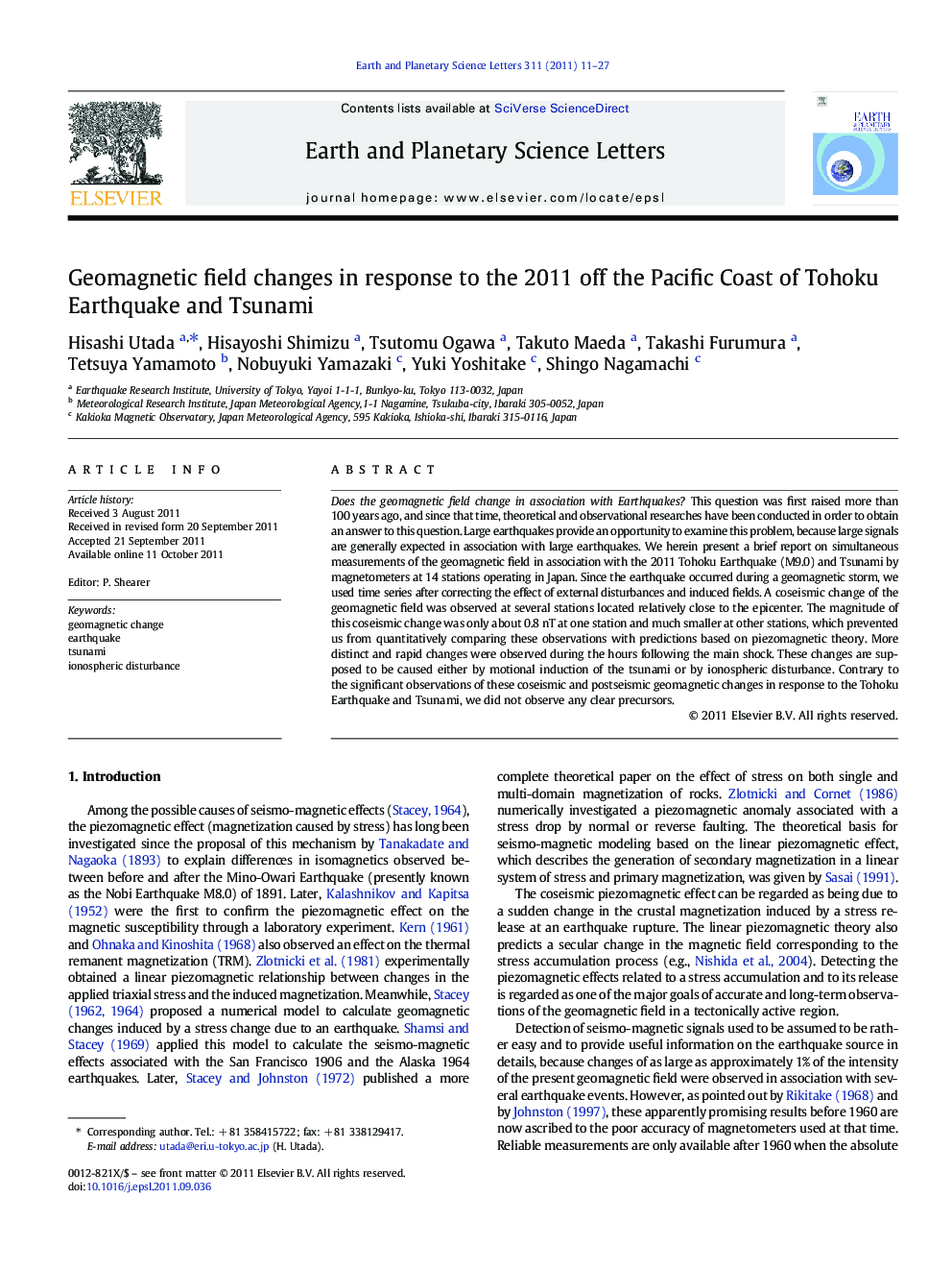 Geomagnetic field changes in response to the 2011 off the Pacific Coast of Tohoku Earthquake and Tsunami