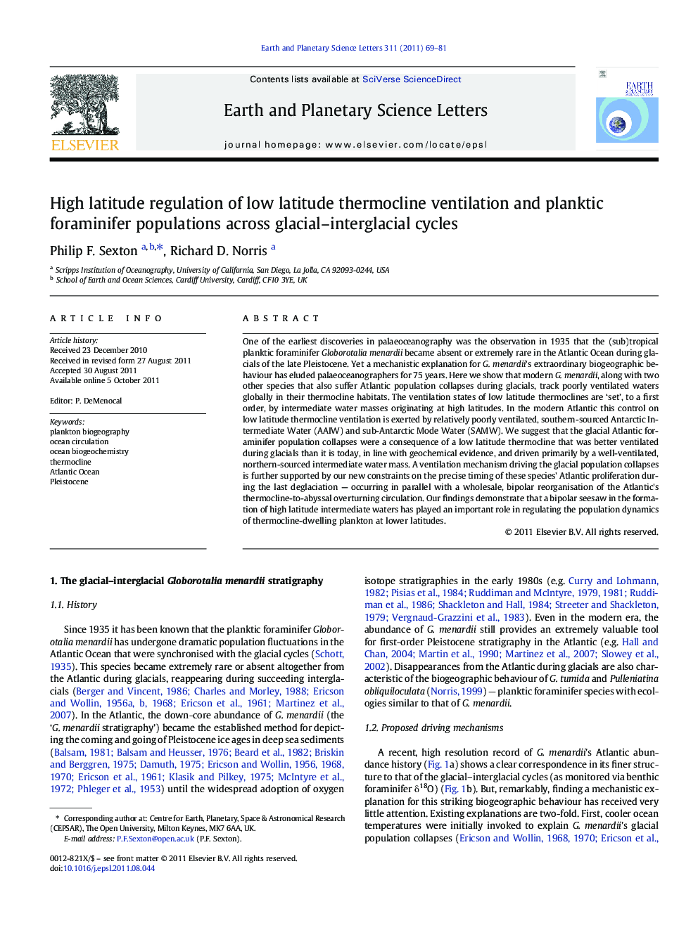 High latitude regulation of low latitude thermocline ventilation and planktic foraminifer populations across glacial–interglacial cycles