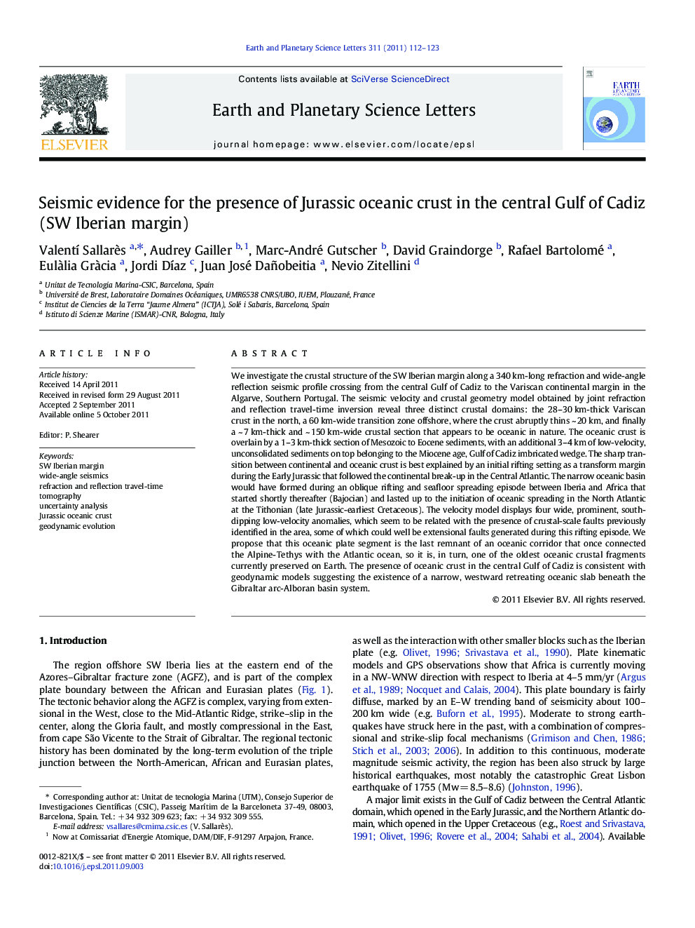 Seismic evidence for the presence of Jurassic oceanic crust in the central Gulf of Cadiz (SW Iberian margin)