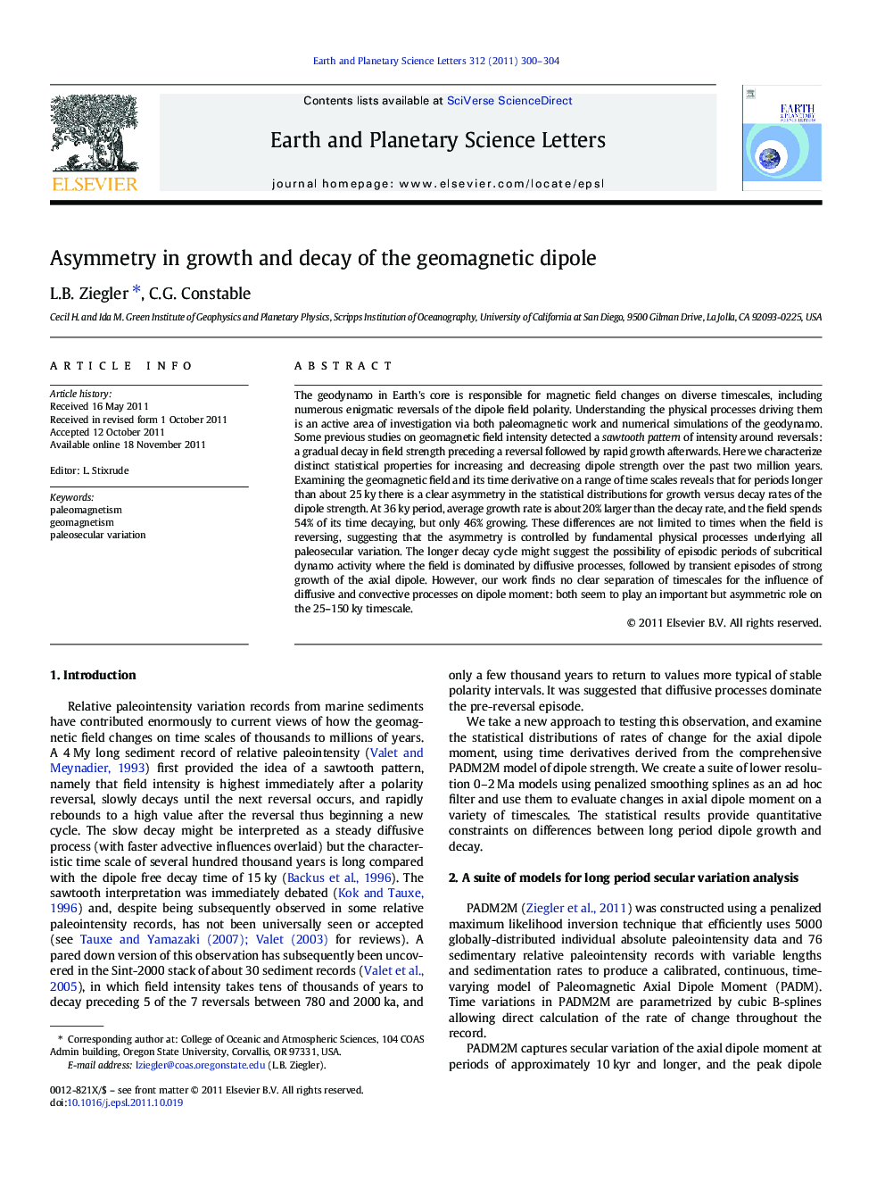 Asymmetry in growth and decay of the geomagnetic dipole