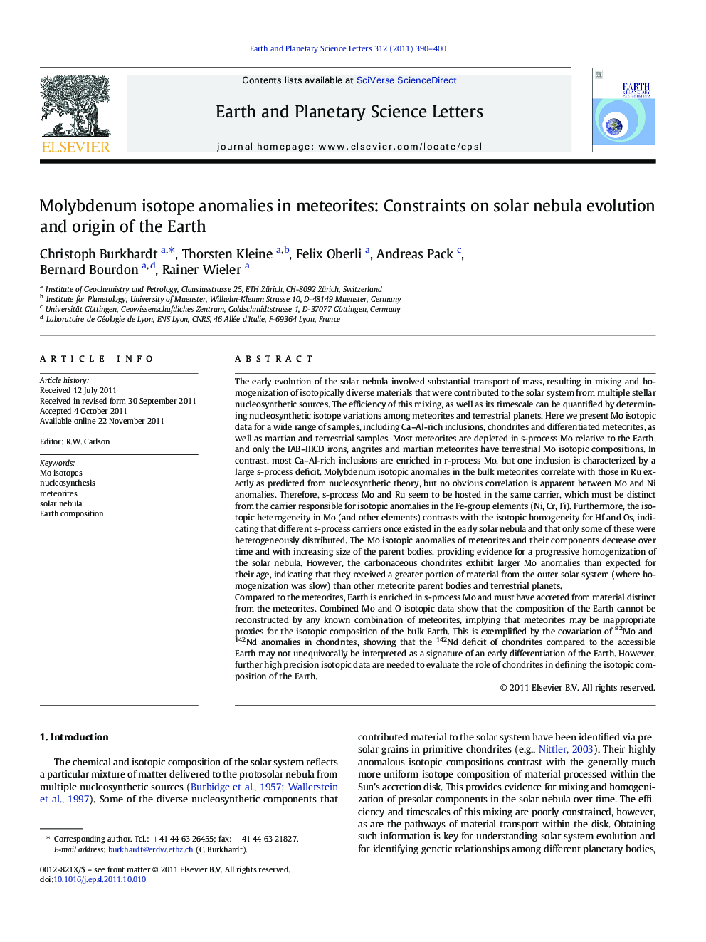 Molybdenum isotope anomalies in meteorites: Constraints on solar nebula evolution and origin of the Earth