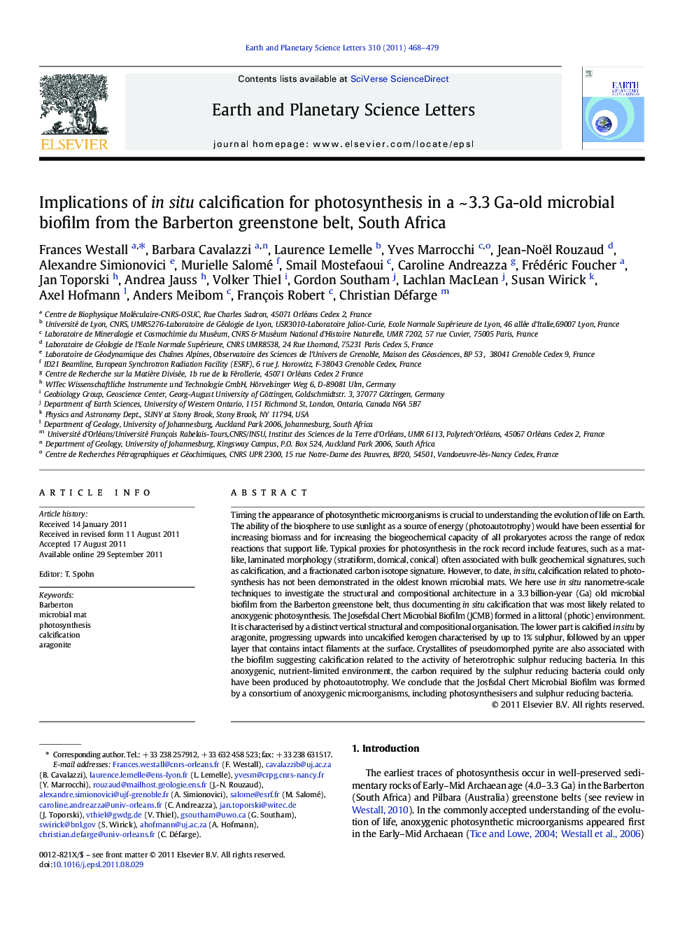 Implications of in situ calcification for photosynthesis in a ~ 3.3 Ga-old microbial biofilm from the Barberton greenstone belt, South Africa