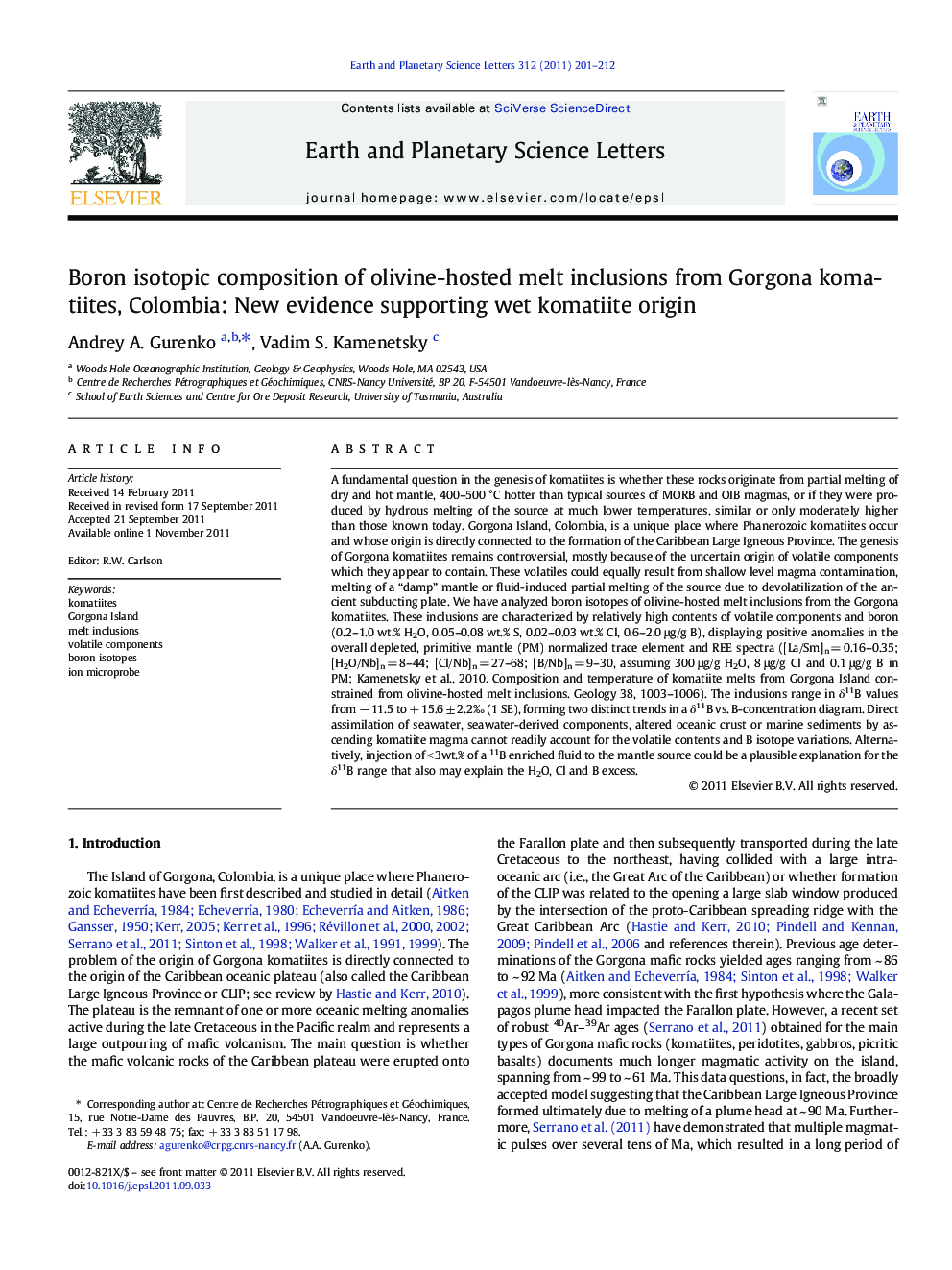 Boron isotopic composition of olivine-hosted melt inclusions from Gorgona komatiites, Colombia: New evidence supporting wet komatiite origin