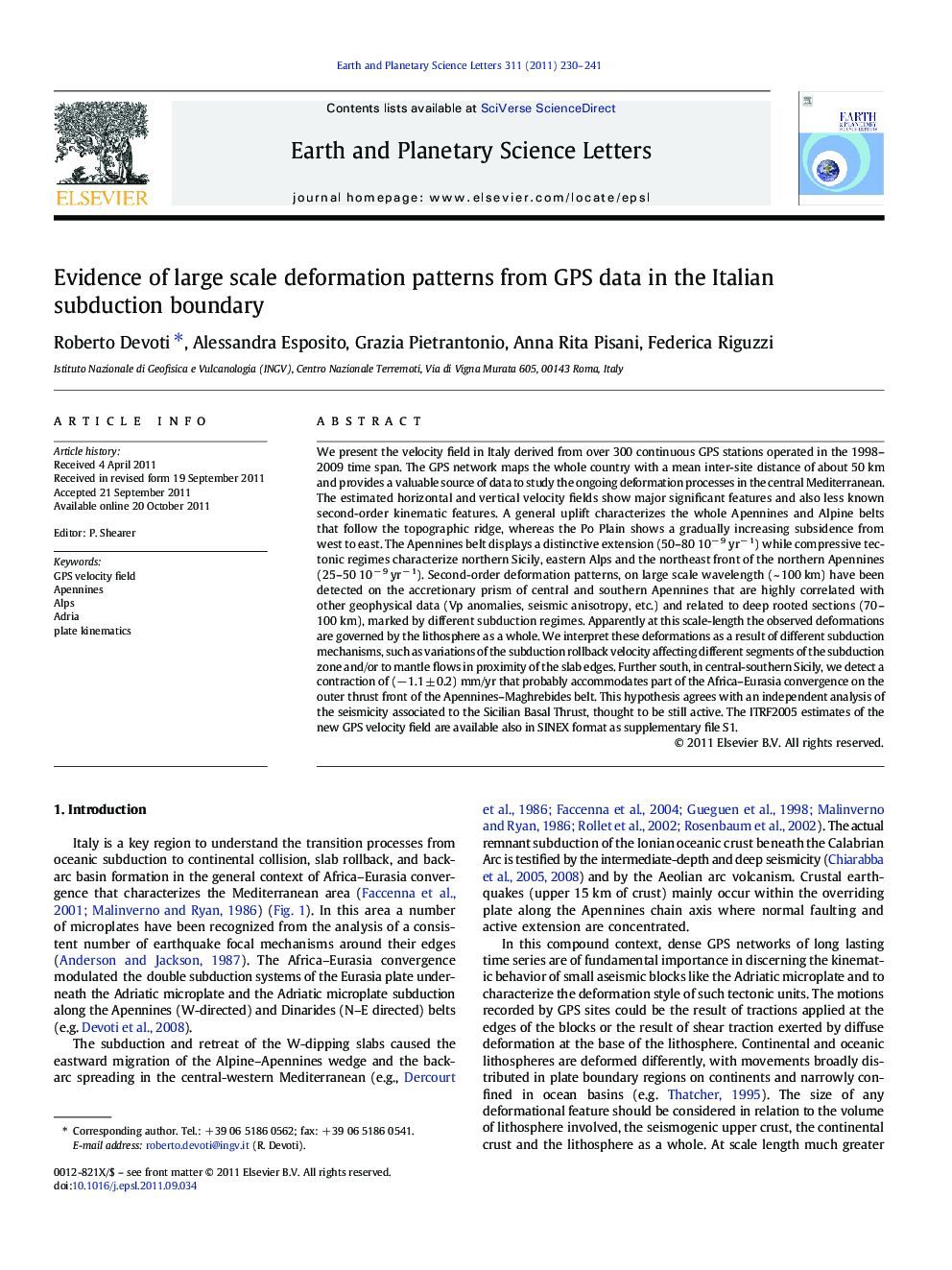 Evidence of large scale deformation patterns from GPS data in the Italian subduction boundary