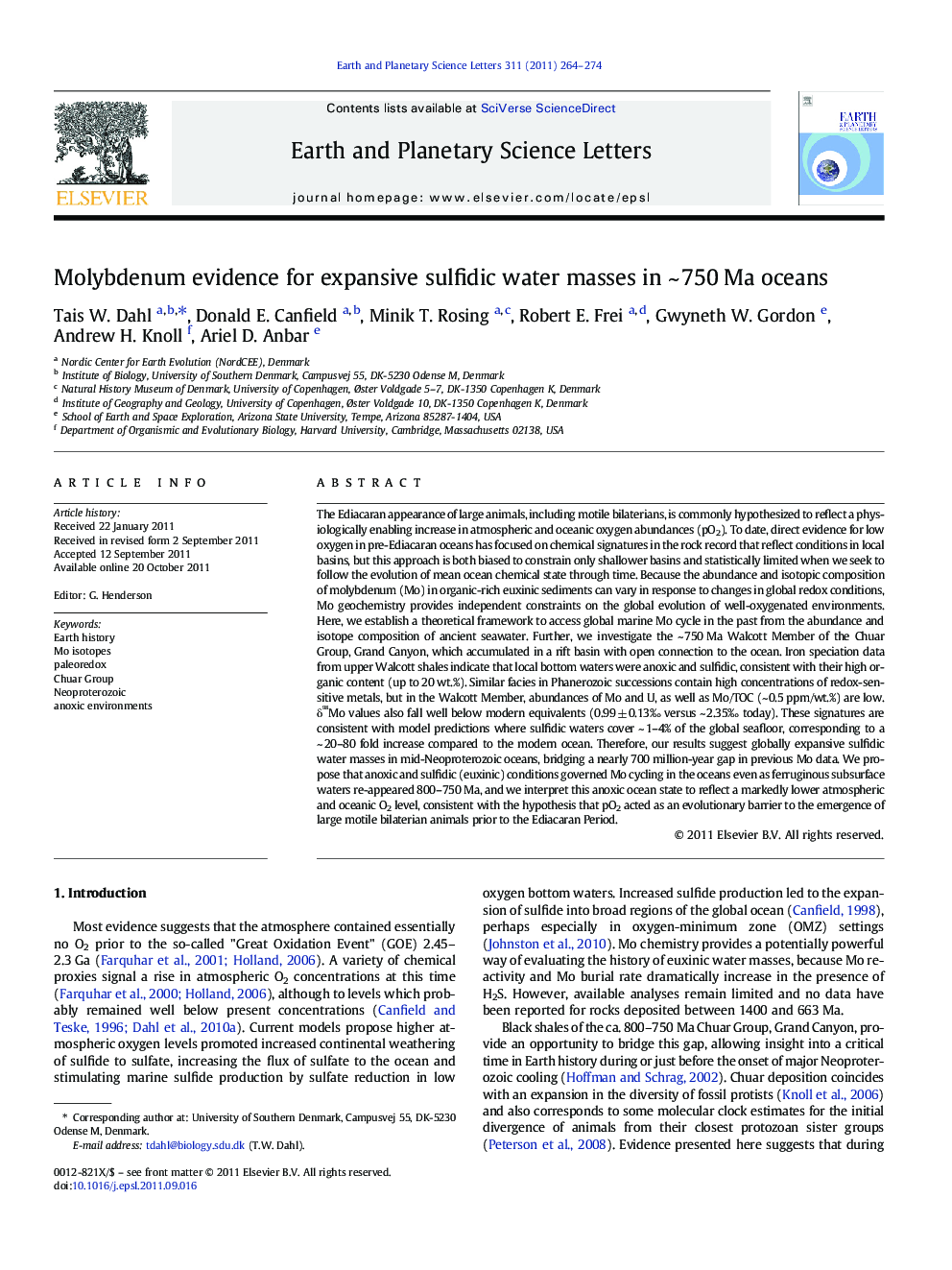 Molybdenum evidence for expansive sulfidic water masses in ~ 750 Ma oceans