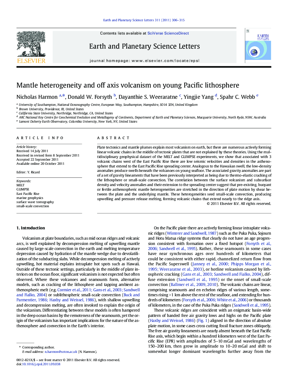 Mantle heterogeneity and off axis volcanism on young Pacific lithosphere