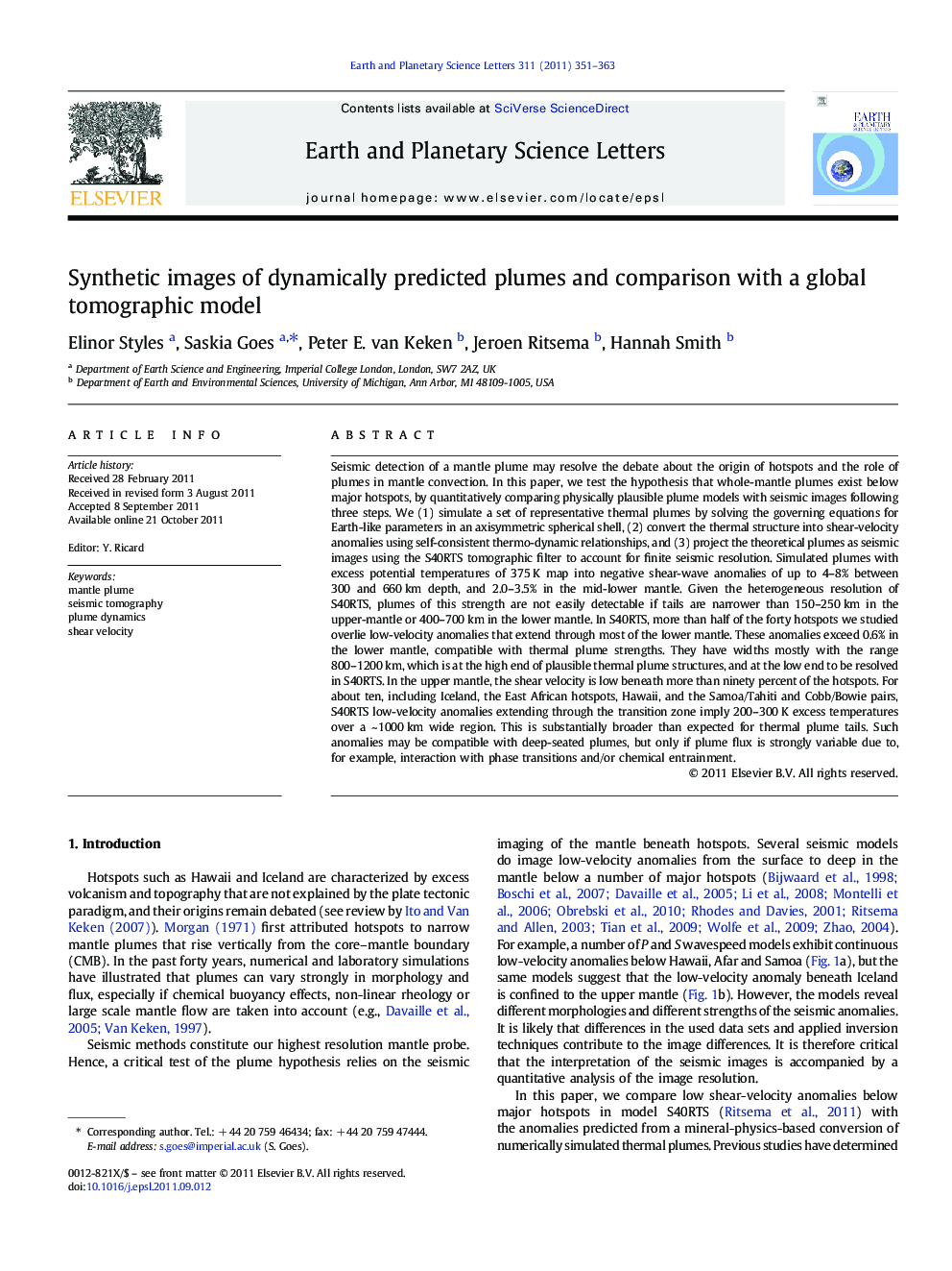 Synthetic images of dynamically predicted plumes and comparison with a global tomographic model